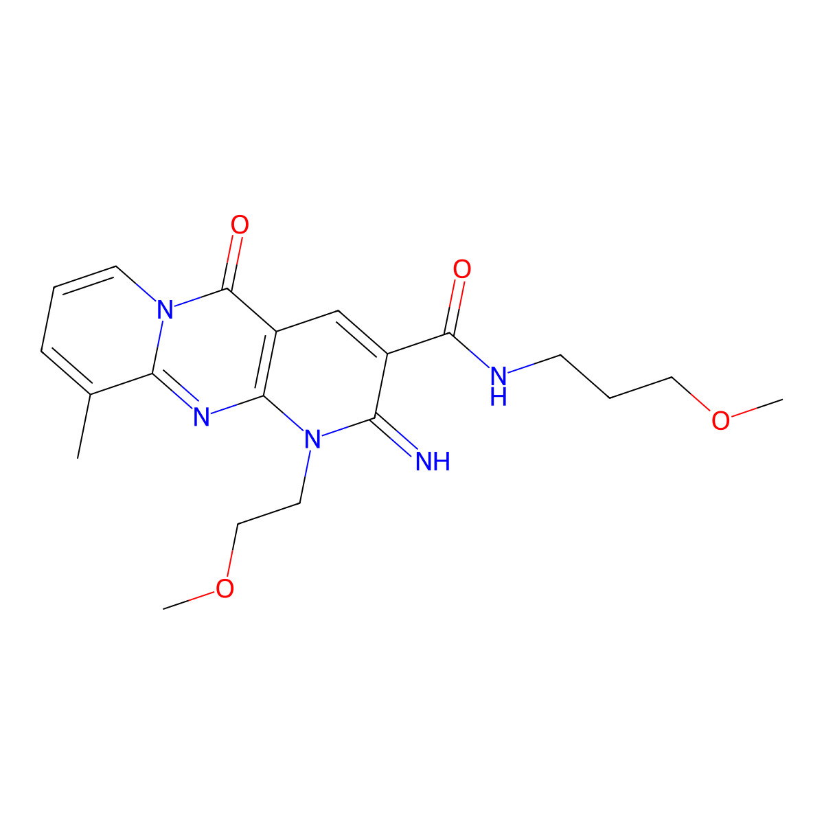 2-Imino-1-(2-methoxyethyl)-N-(3-methoxypropyl)-10-methyl-5-oxo-1,5-dihydro-2H-dipyrido(1,2-A:2,3-D)pyrimidine-3-carboxamide molecular structure, CAS 370582-34-6