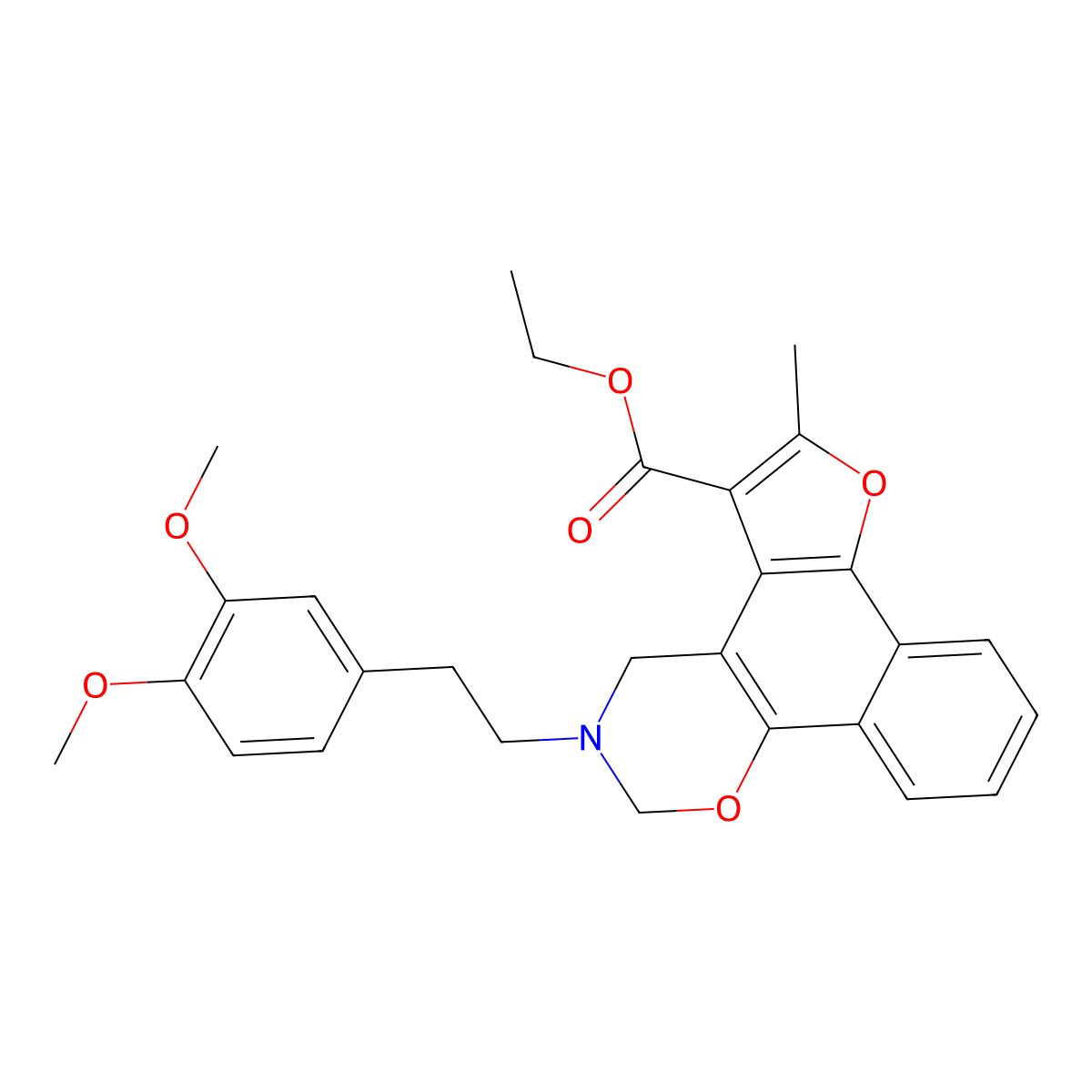 ethyl 3-(3,4-dimethoxyphenethyl)-6-methyl-3,4-dihydro-2H-furo[3',2':3,4]naphtho[2,1-e][1,3]oxazine-5-carboxylate molecular structure, CAS 370583-41-8