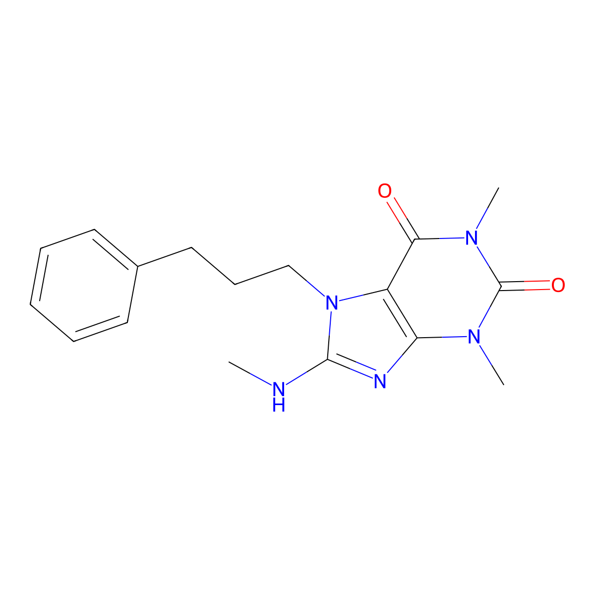1,3-Dimethyl-8-(methylamino)-7-(3-phenylpropyl)-3,7-dihydro-1H-purine-2,6-dione molecular structure, CAS 370583-81-6