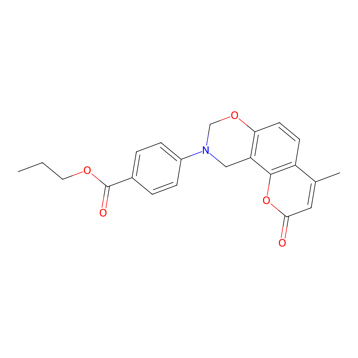 Propyl 4-(4-methyl-2-oxo-8,10-dihydropyrano[2,3-f][1,3]benzoxazin-9-yl)benzoate molecular structure, CAS 370584-98-8