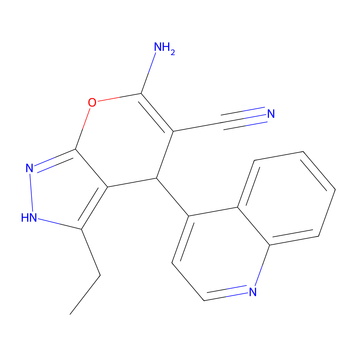 6-Amino-3-ethyl-4-quinolin-4-yl-2,4-dihydropyrano[2,3-c]pyrazole-5-carbonitrile molecular structure, CAS 370586-98-4