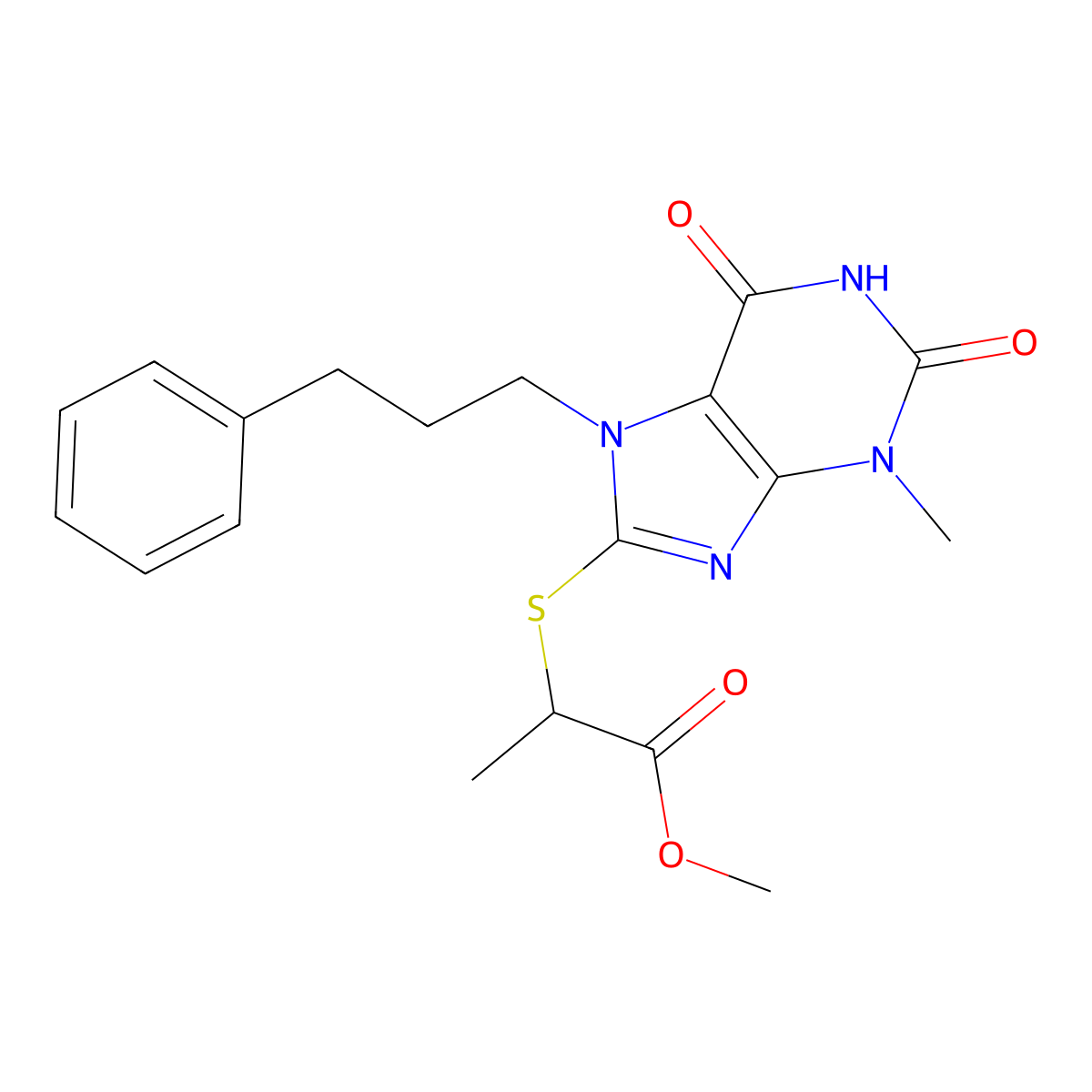 2-[3-Methyl-2,6-dioxo-7-(3-phenyl-propyl)-2,3,6,7-tetrahydro-1H-purin-8-ylsulfanyl]-propionic acid methyl ester molecular structure, CAS 370587-18-1