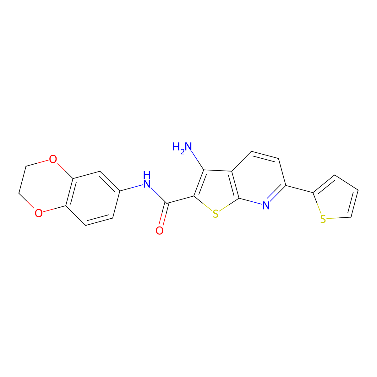 3-amino-N-(2,3-dihydro-1,4-benzodioxin-6-yl)-6-thiophen-2-ylthieno[2,3-b]pyridine-2-carboxamide molecular structure, CAS 370587-36-3