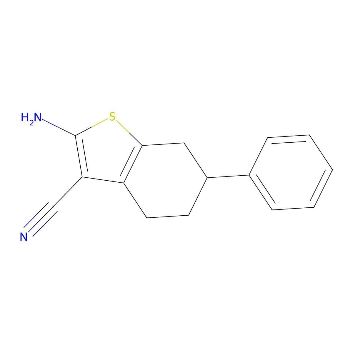 2-Amino-6-phenyl-4,5,6,7-tetrahydro-1-benzothiophene-3-carbonitrile molecular structure, CAS 37071-21-9