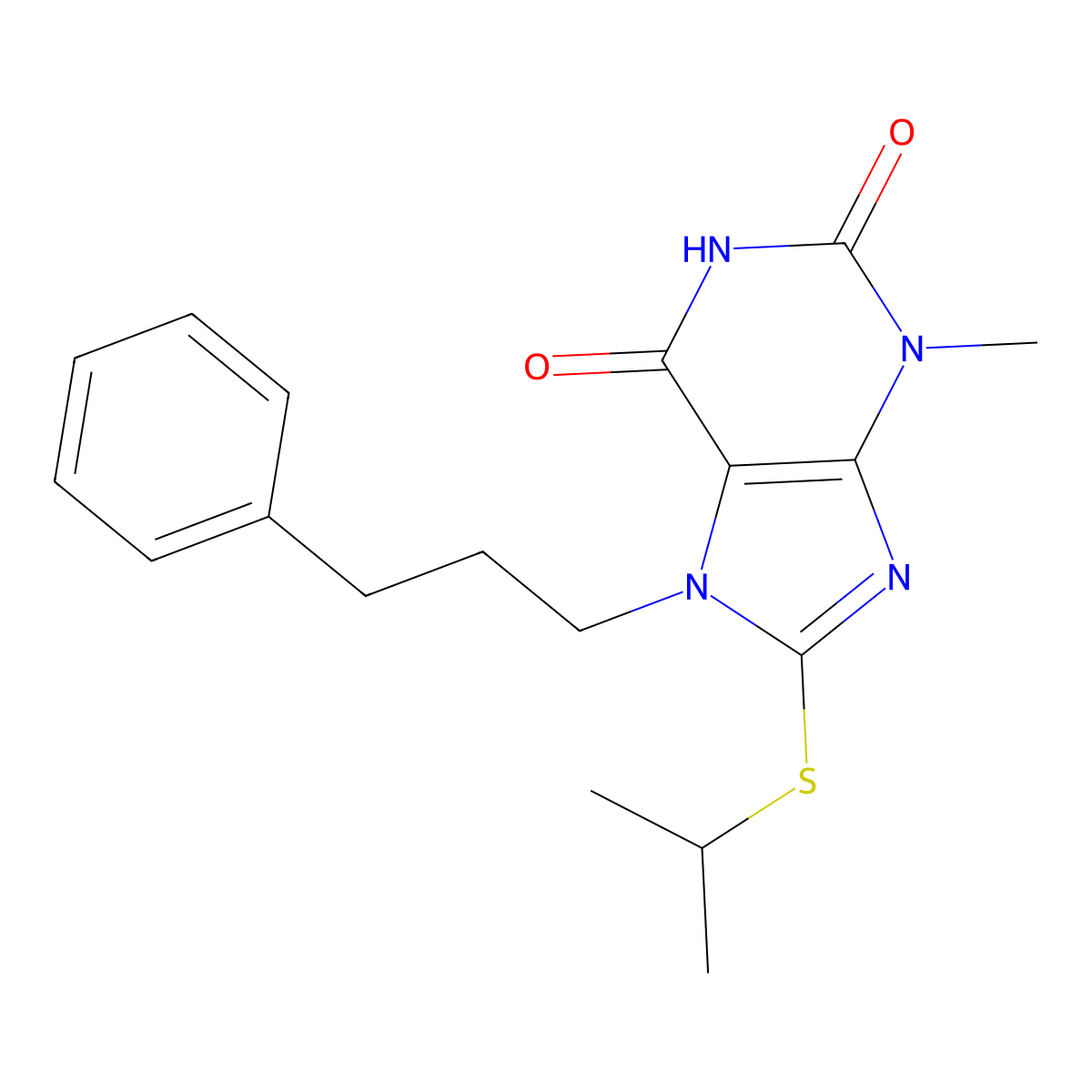 8-(isopropylthio)-3-methyl-7-(3-phenylpropyl)-1H-purine-2,6(3H,7H)-dione molecular structure, CAS 370840-33-8