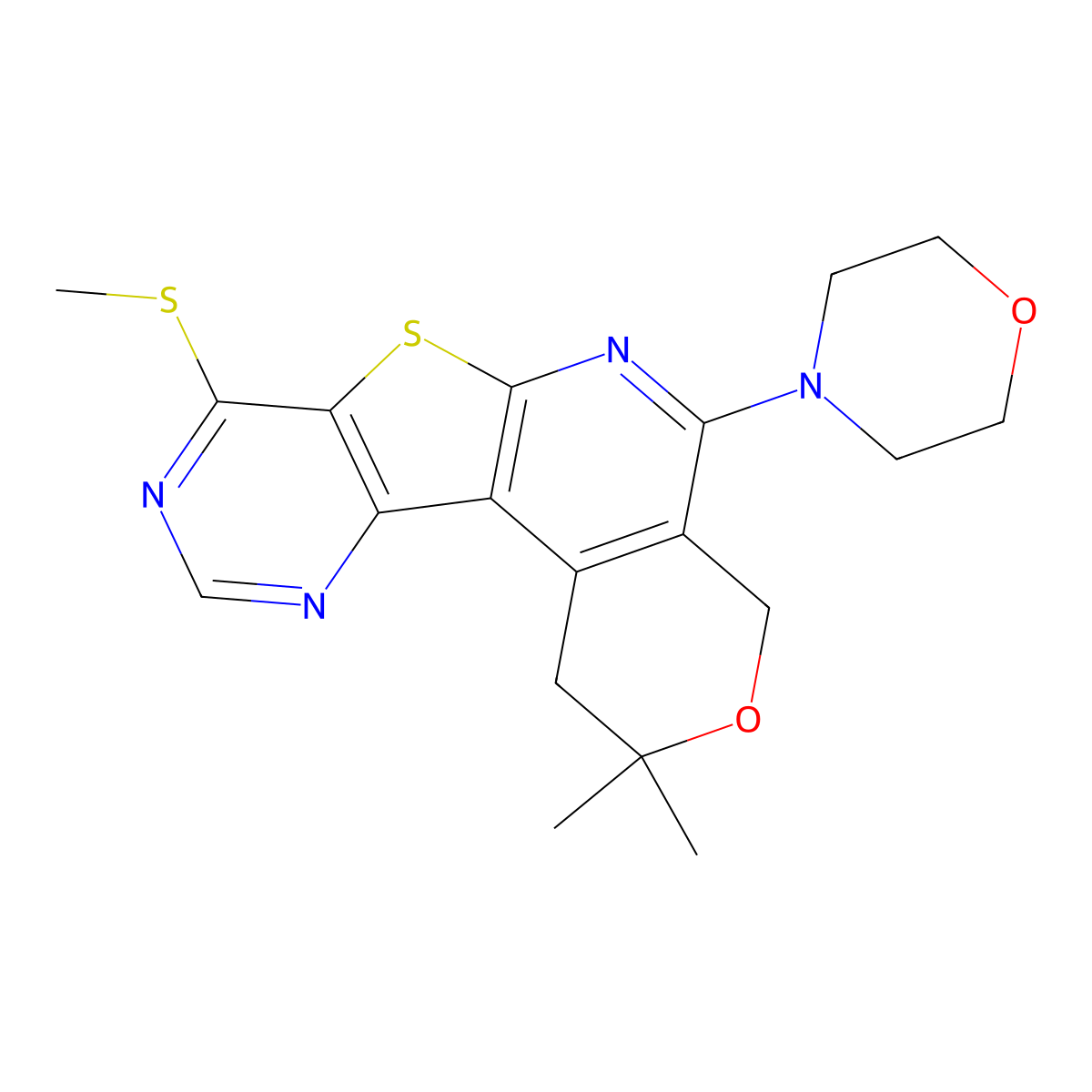2,2-dimethyl-8-(methylthio)-5-morpholino-2,4-dihydro-1H-pyrano[4'',3'':4',5']pyrido[3',2':4,5]thieno[3,2-d]pyrimidine molecular structure, CAS 370840-42-9