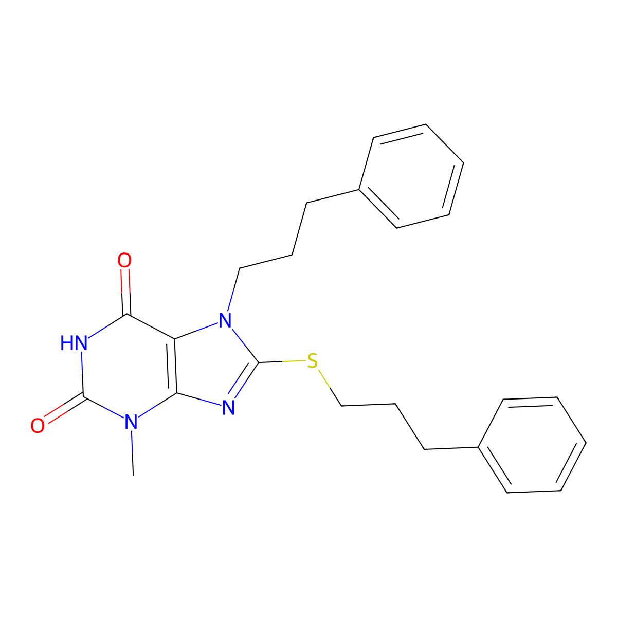 3-methyl-7-(3-phenylpropyl)-8-[(3-phenylpropyl)sulfanyl]-2,3,6,7-tetrahydro-1H-purine-2,6-dione molecular structure, CAS 370840-89-4