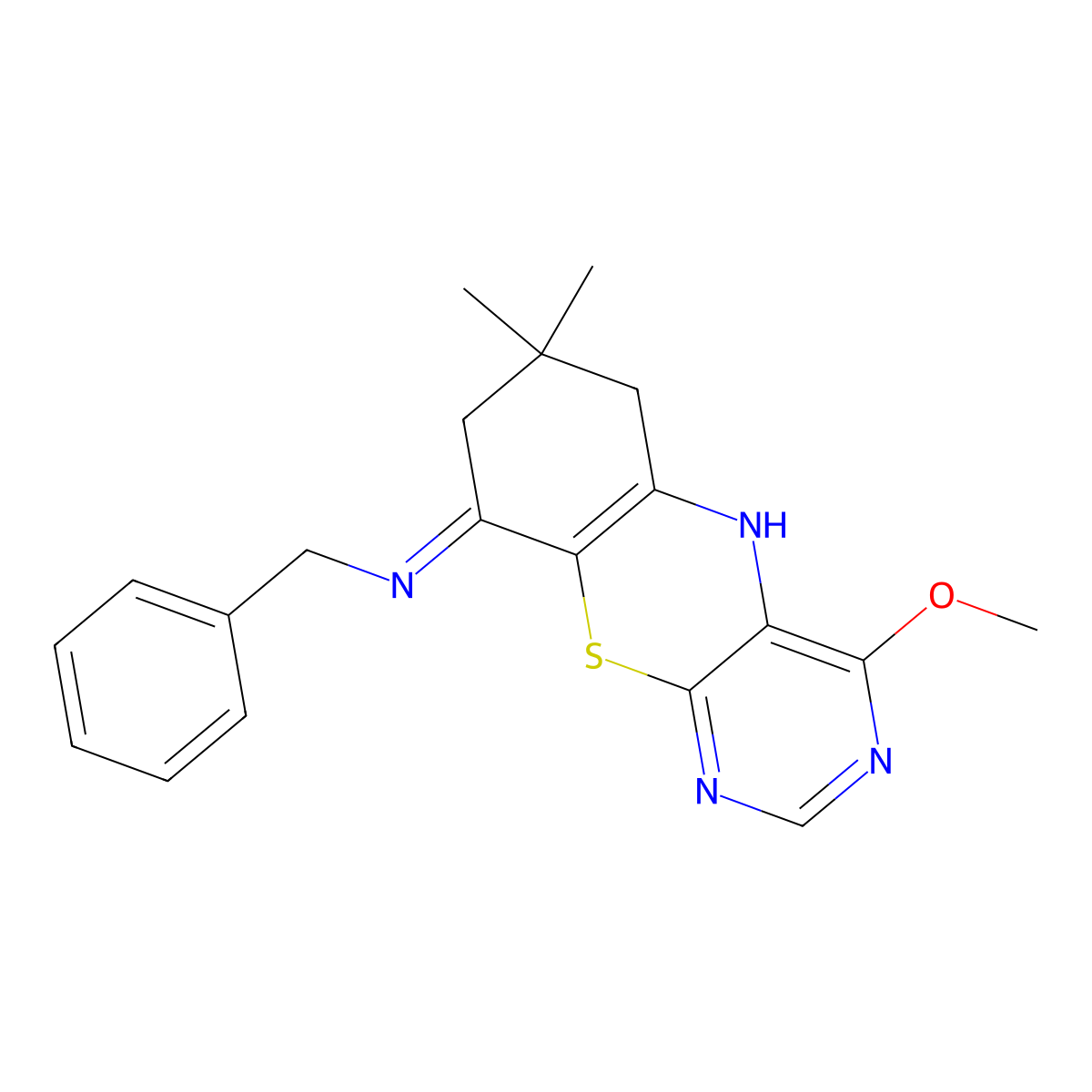 N-benzyl-4-methoxy-7,7-dimethyl-7,8-dihydro-6H-pyrimido[4,5-b][1,4]benzothiazin-9-amine molecular structure, CAS 370842-47-0
