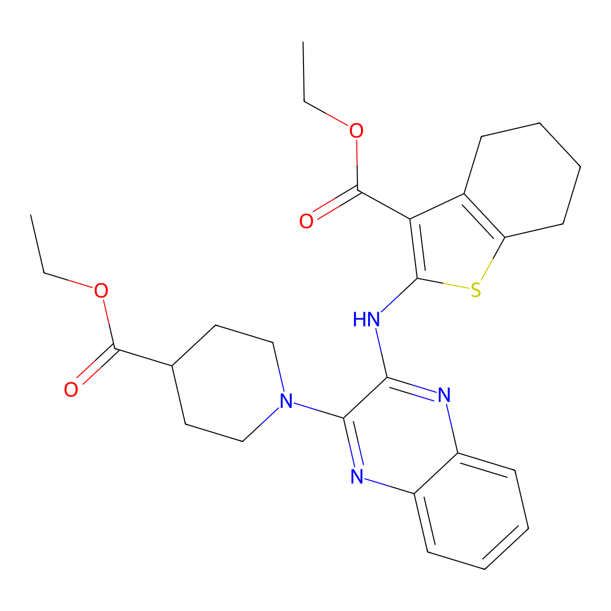 Ethyl 1-(3-{[3-(ethoxycarbonyl)-4,5,6,7-tetrahydro-1-benzothiophen-2-yl]amino}quinoxalin-2-yl)piperidine-4-carboxylate molecular structure, CAS 370842-67-4