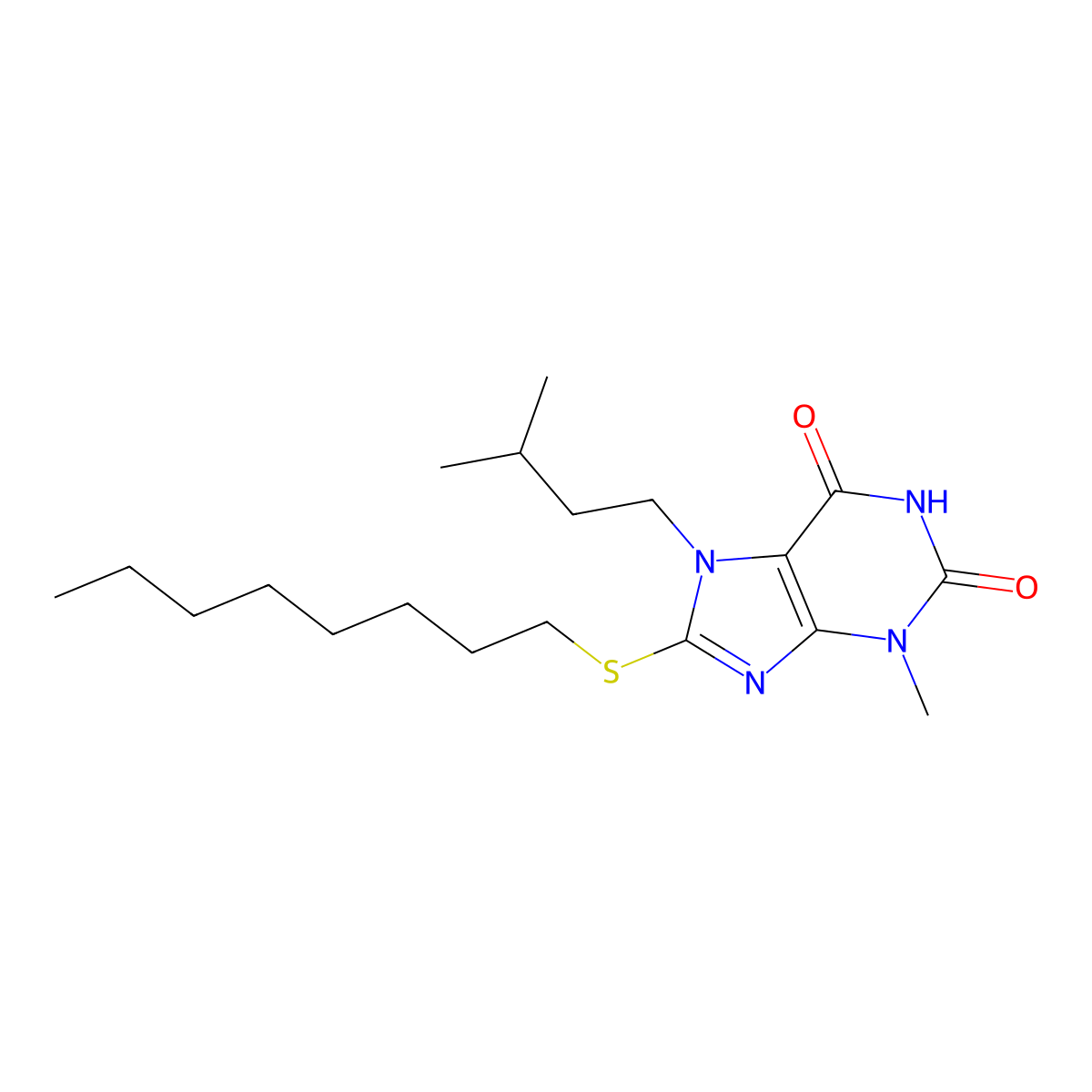 3-methyl-7-(3-methylbutyl)-8-(octylsulfanyl)-2,3,6,7-tetrahydro-1H-purine-2,6-dione molecular structure, CAS 370842-83-4