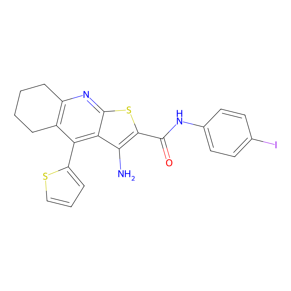 3-amino-N-(4-iodophenyl)-4-(thiophen-2-yl)-5,6,7,8-tetrahydrothieno[2,3-b]quinoline-2-carboxamide molecular structure, CAS 370842-88-9