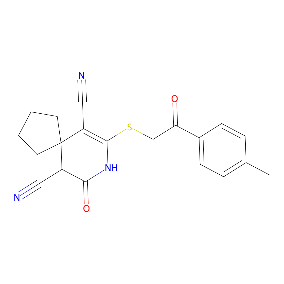9-[2-(4-Methylphenyl)-2-oxoethyl]sulfanyl-7-oxo-8-azaspiro[4.5]dec-9-ene-6,10-dicarbonitrile molecular structure, CAS 370842-96-9