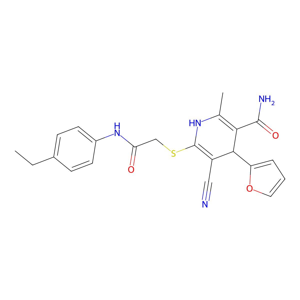 5-Cyano-6-((2-((4-ethylphenyl)amino)-2-oxoethyl)thio)-4-(furan-2-yl)-2-methyl-1,4-dihydropyridine-3-carboxamide molecular structure, CAS 370843-08-6