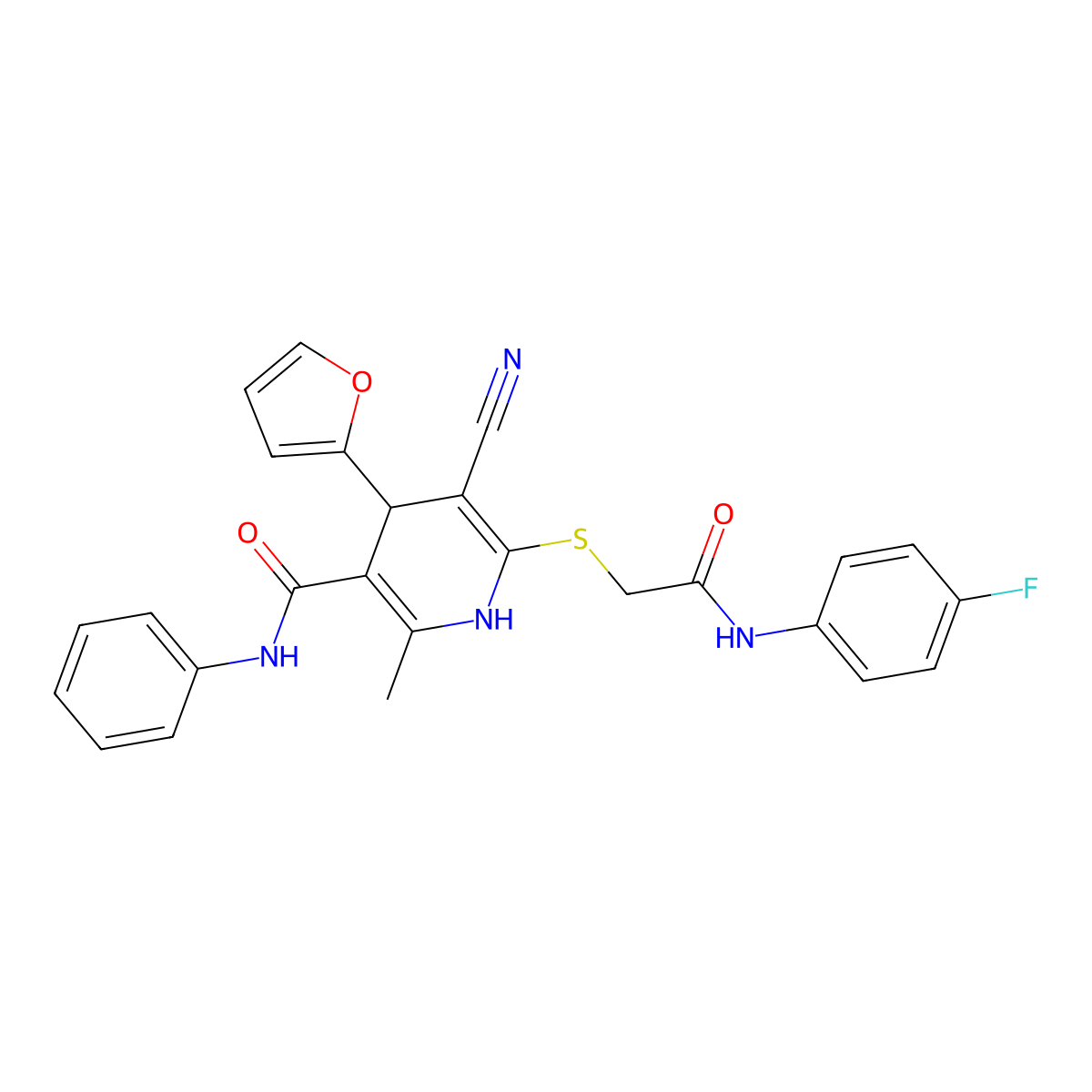 5-cyano-6-((2-((4-fluorophenyl)amino)-2-oxoethyl)thio)-4-(furan-2-yl)-2-methyl-N-phenyl-1,4-dihydropyridine-3-carboxamide molecular structure, CAS 370843-18-8