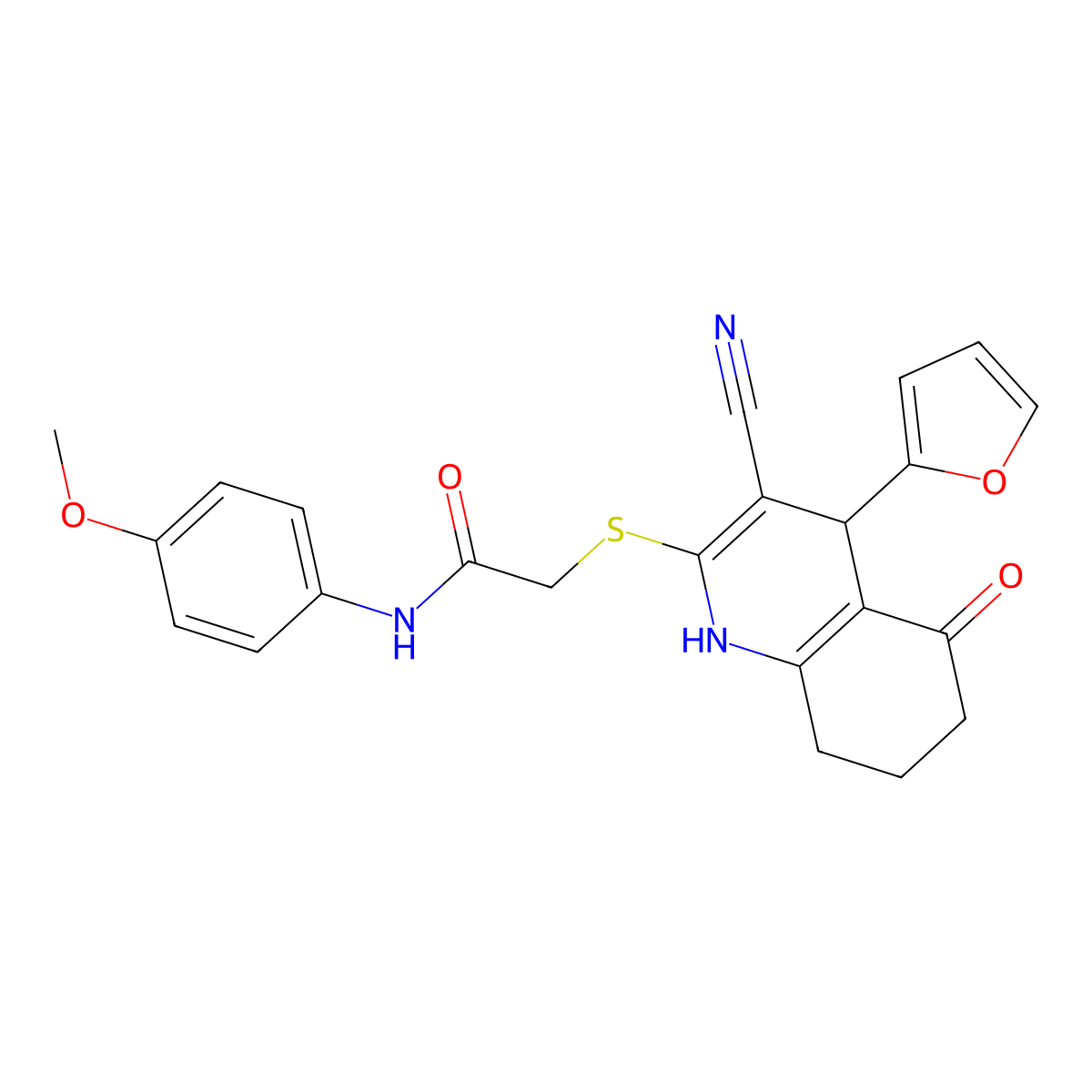 2-{[3-cyano-4-(furan-2-yl)-5-oxo-1,4,5,6,7,8-hexahydroquinolin-2-yl]sulfanyl}-N-(4-methoxyphenyl)acetamide molecular structure, CAS 370843-59-7