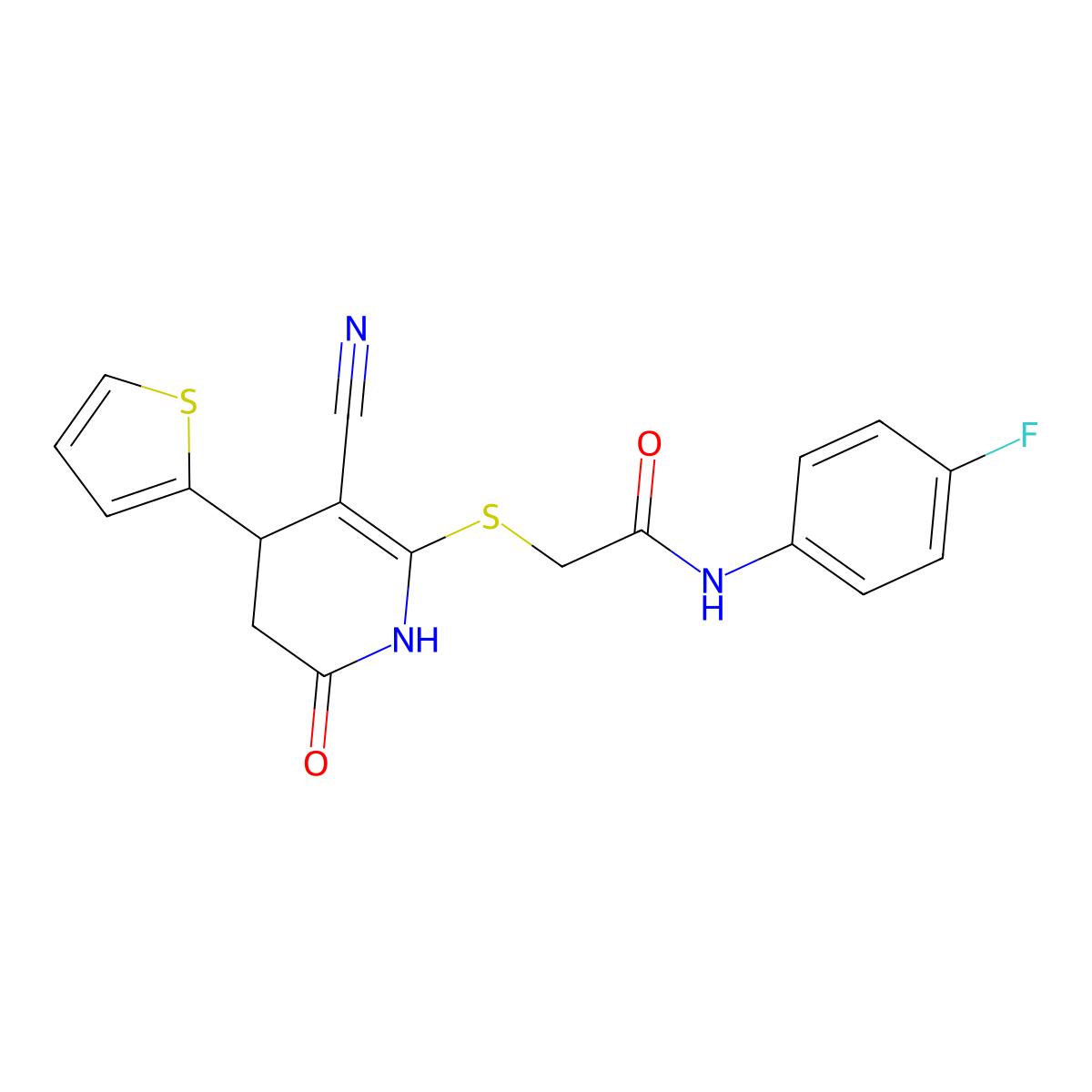 2-{[3-cyano-6-oxo-4-(thiophen-2-yl)-1,4,5,6-tetrahydropyridin-2-yl]sulfanyl}-N-(4-fluorophenyl)acetamide molecular structure, CAS 370843-93-9