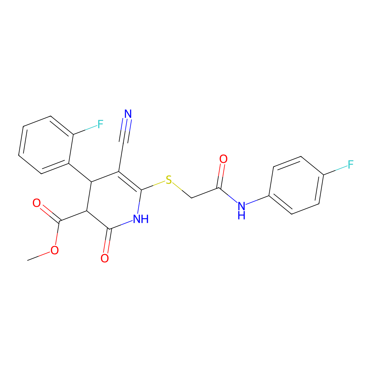 Methyl 5-cyano-4-(2-fluorophenyl)-6-({2-[(4-fluorophenyl)amino]-2-oxoethyl}sulfanyl)-2-hydroxy-3,4-dihydropyridine-3-carboxylate molecular structure, CAS 370843-97-3