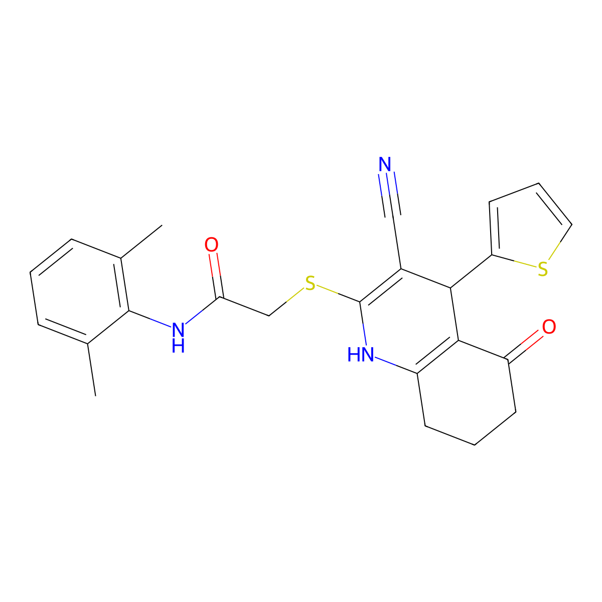 2-[(3-cyano-5-oxo-4-thiophen-2-yl-4,6,7,8-tetrahydro-1H-quinolin-2-yl)sulfanyl]-N-(2,6-dimethylphenyl)acetamide molecular structure, CAS 370844-11-4