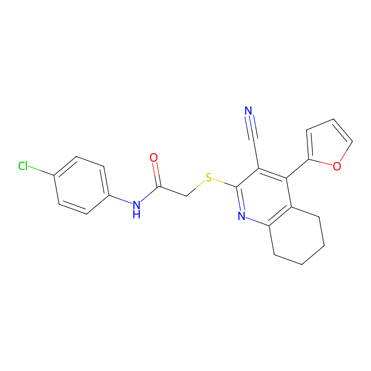 N-(4-chlorophenyl)-2-[[3-cyano-4-(furan-2-yl)-5,6,7,8-tetrahydroquinolin-2-yl]sulfanyl]acetamide molecular structure, CAS 370844-21-6