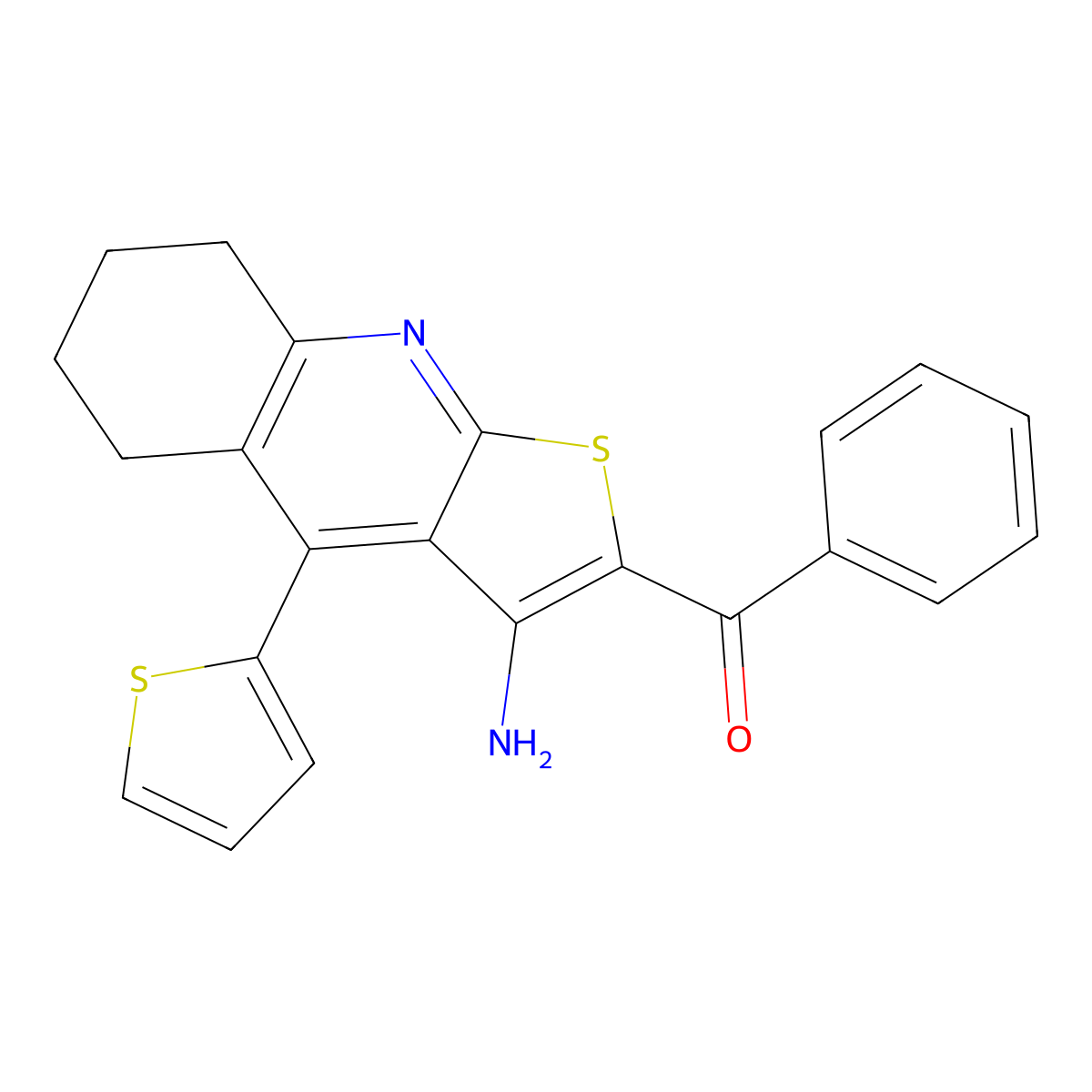 (3-Amino-4-(thiophen-2-yl)-5,6,7,8-tetrahydrothieno[2,3-b]quinolin-2-yl)(phenyl)methanone molecular structure, CAS 370844-48-7