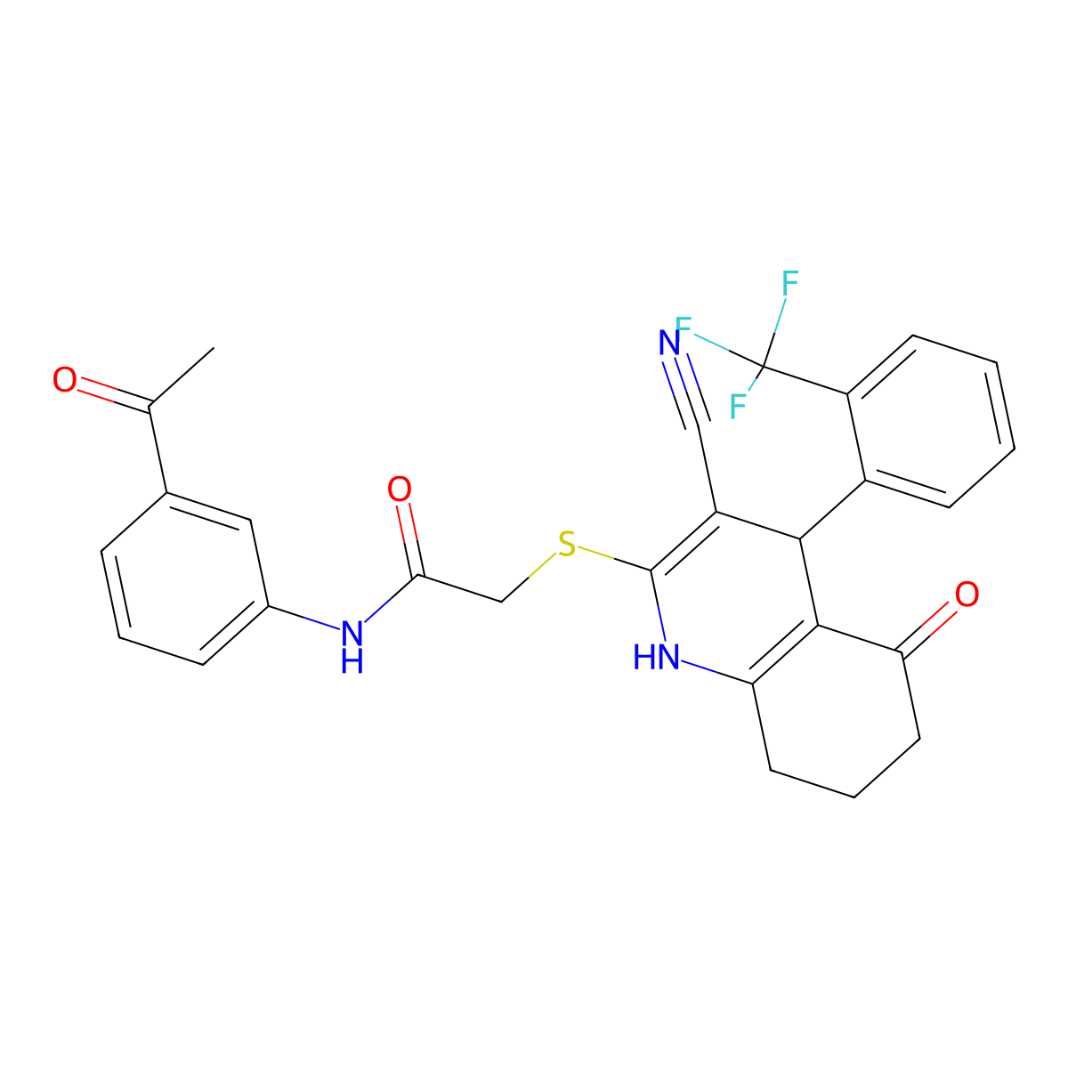 N-(3-acetylphenyl)-2-({3-cyano-5-oxo-4-[2-(trifluoromethyl)phenyl]-1,4,5,6,7,8-hexahydroquinolin-2-yl}sulfanyl)acetamide molecular structure, CAS 370844-80-7