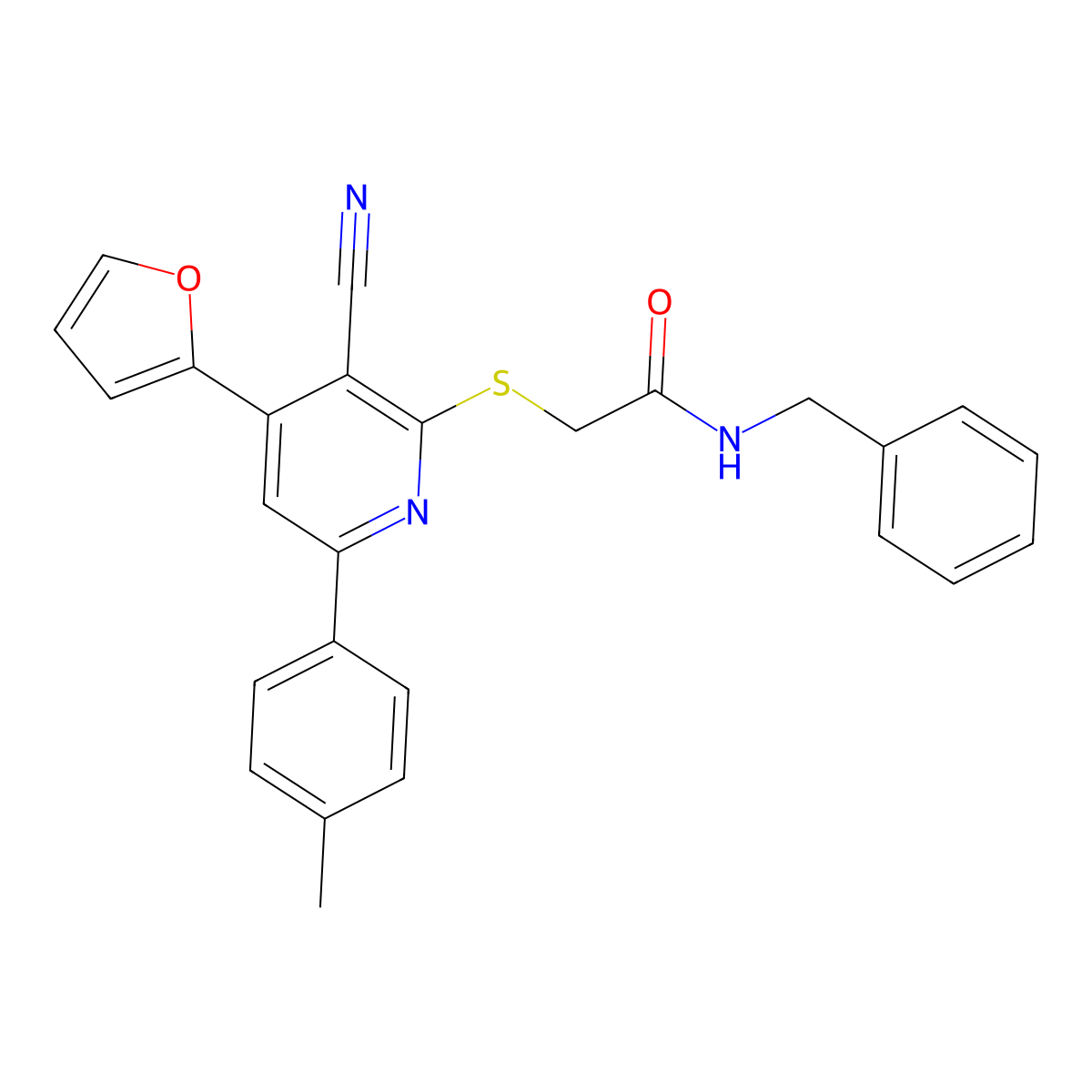 N-benzyl-2-[3-cyano-4-(furan-2-yl)-6-(4-methylphenyl)pyridin-2-yl]sulfanylacetamide molecular structure, CAS 370844-83-0