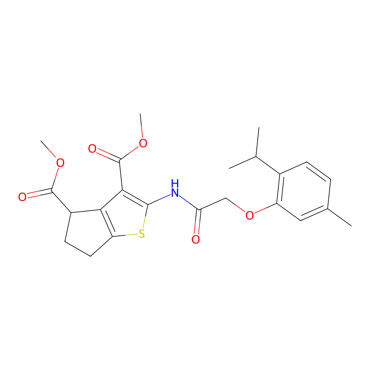 dimethyl 2-[[2-(5-methyl-2-propan-2-ylphenoxy)acetyl]amino]-5,6-dihydro-4H-cyclopenta[b]thiophene-3,4-dicarboxylate molecular structure, CAS 370845-44-6