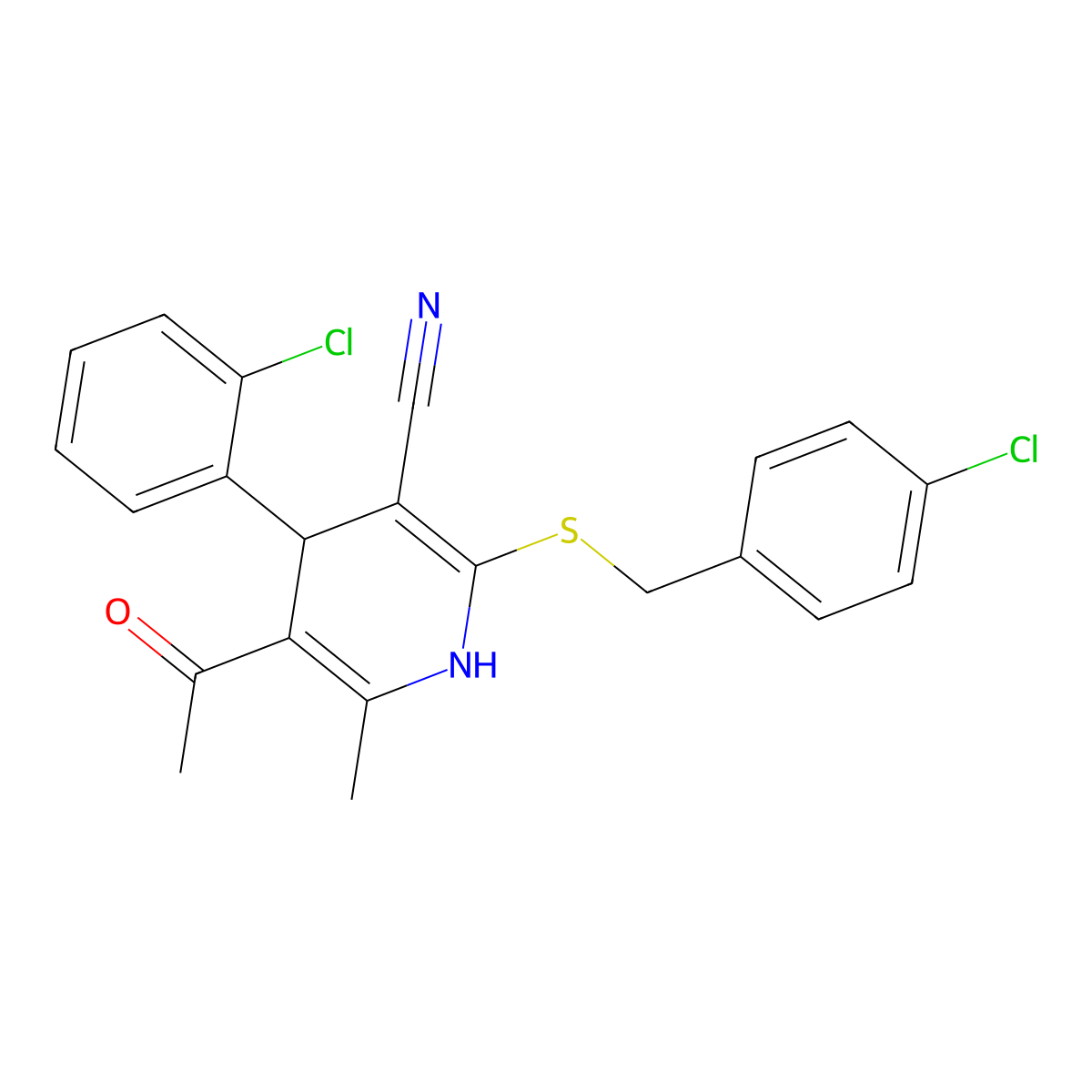5-Acetyl-2-((4-chlorobenzyl)thio)-4-(2-chlorophenyl)-6-methyl-1,4-dihydropyridine-3-carbonitrile molecular structure, CAS 370845-78-6