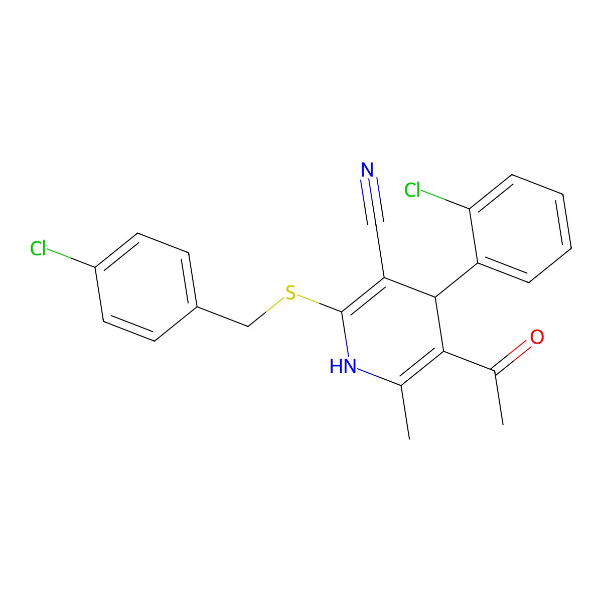 5-Acetyl-2-((4-chlorobenzyl)thio)-4-(2-chlorophenyl)-6-methyl-1,4-dihydropyridine-3-carbonitrile molecular structure, CAS 370845-78-6