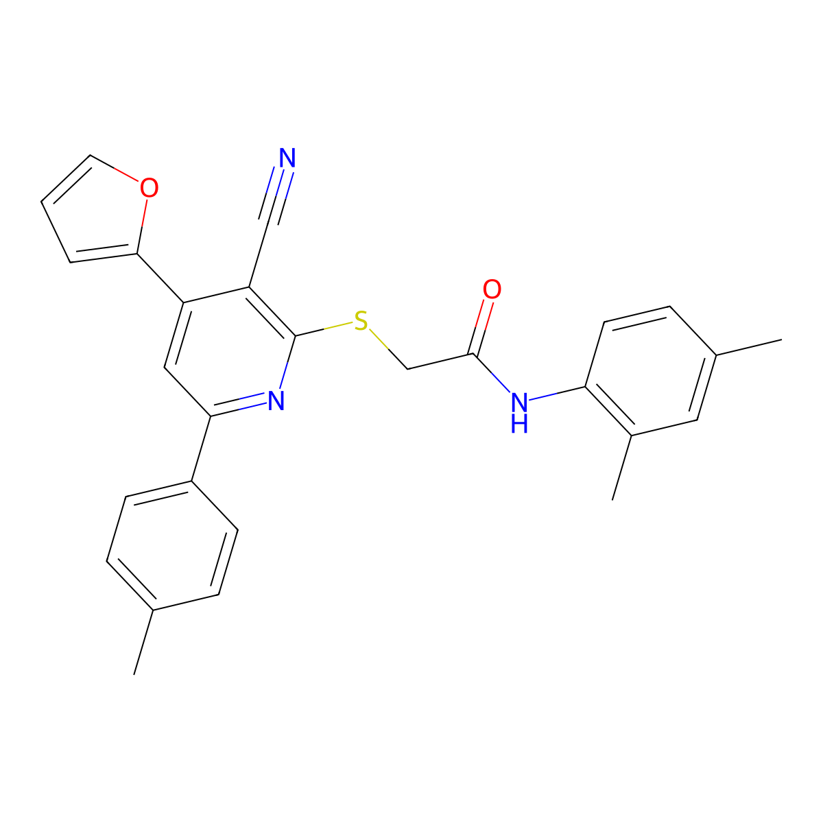 2-[3-cyano-4-(furan-2-yl)-6-(4-methylphenyl)pyridin-2-yl]sulfanyl-N-(2,4-dimethylphenyl)acetamide molecular structure, CAS 370845-79-7
