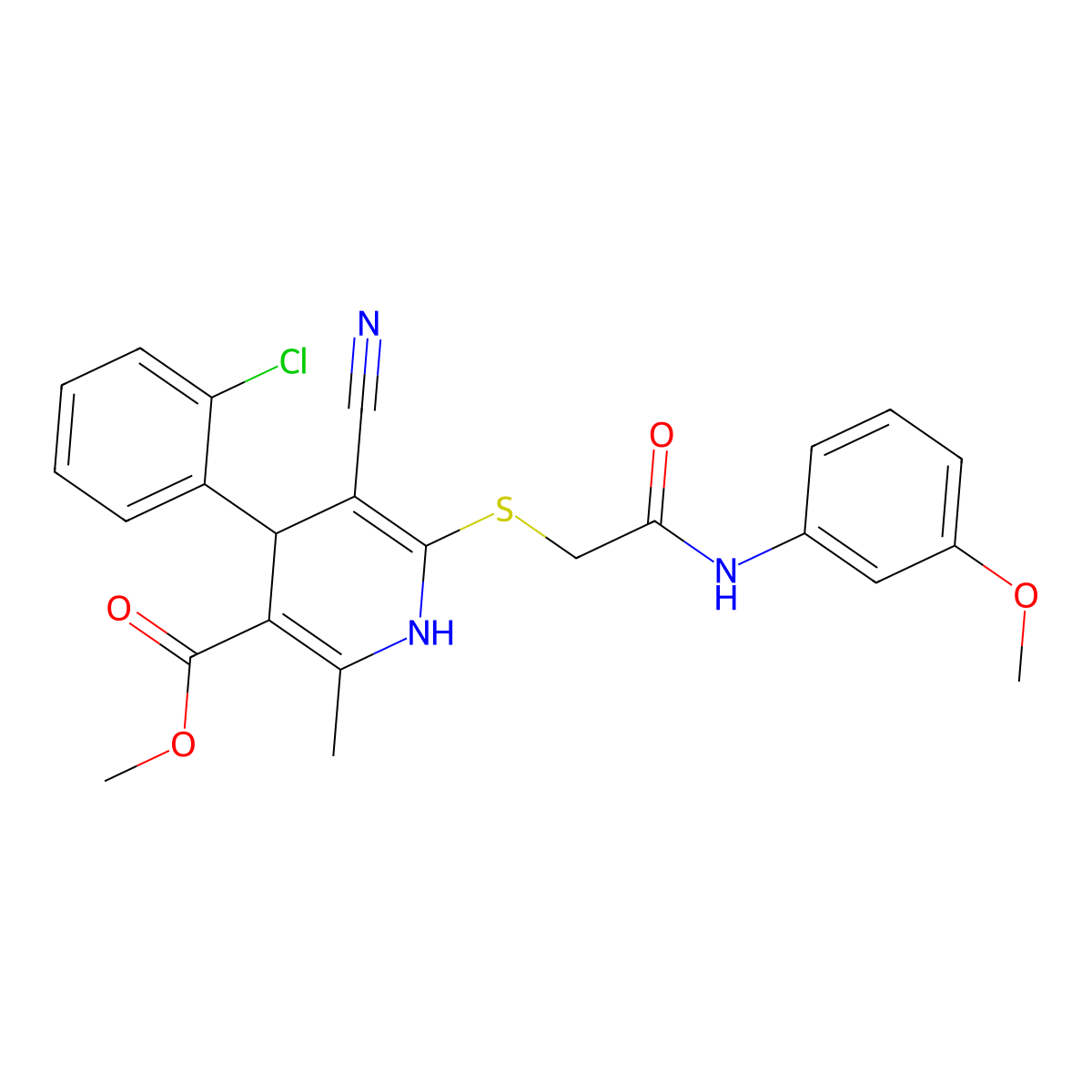 Methyl 4-(2-chlorophenyl)-5-cyano-6-((2-((3-methoxyphenyl)amino)-2-oxoethyl)thio)-2-methyl-1,4-dihydropyridine-3-carboxylate molecular structure, CAS 370846-02-9