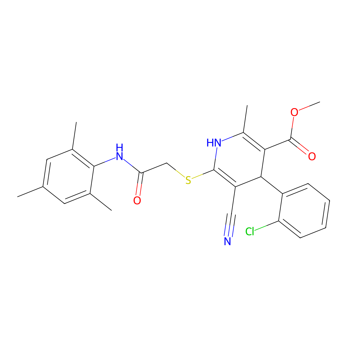 Methyl 4-(2-chlorophenyl)-5-cyano-6-((2-(mesitylamino)-2-oxoethyl)thio)-2-methyl-1,4-dihydropyridine-3-carboxylate molecular structure, CAS 370846-71-2