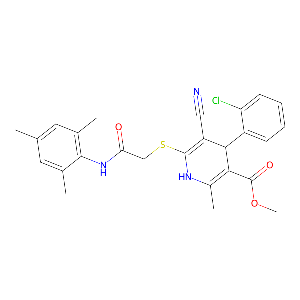 Methyl 4-(2-chlorophenyl)-5-cyano-6-((2-(mesitylamino)-2-oxoethyl)thio)-2-methyl-1,4-dihydropyridine-3-carboxylate molecular structure, CAS 370846-71-2