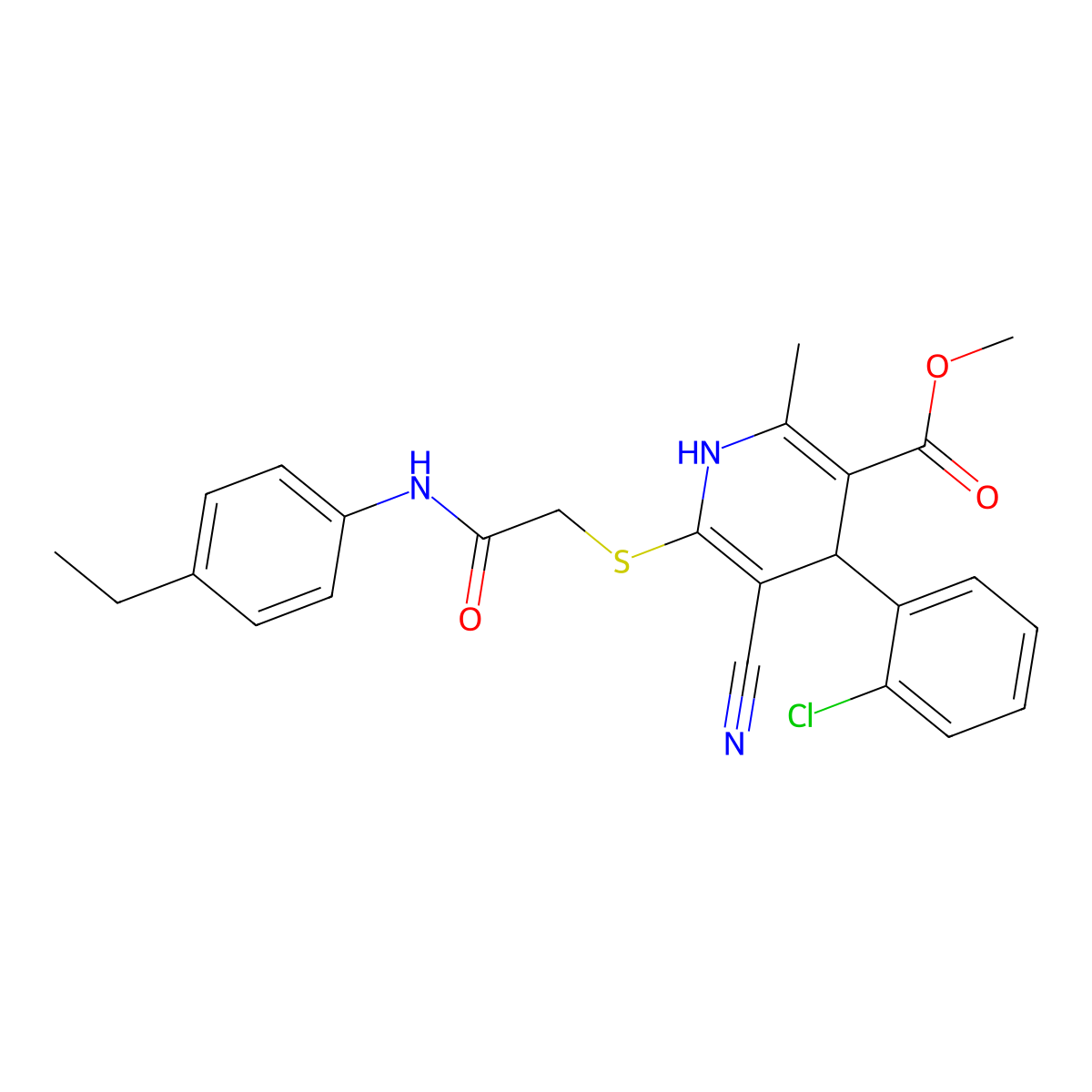 Methyl 4-(2-chlorophenyl)-5-cyano-6-((2-((4-ethylphenyl)amino)-2-oxoethyl)thio)-2-methyl-1,4-dihydropyridine-3-carboxylate molecular structure, CAS 370846-83-6
