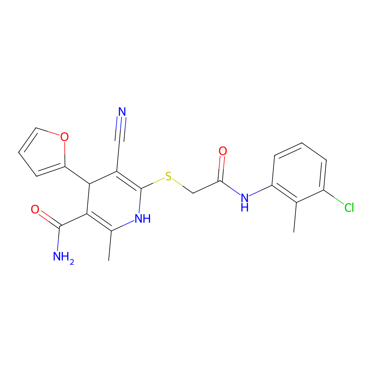 6-((2-((3-Chloro-2-methylphenyl)amino)-2-oxoethyl)thio)-5-cyano-4-(furan-2-yl)-2-methyl-1,4-dihydropyridine-3-carboxamide molecular structure, CAS 370846-89-2