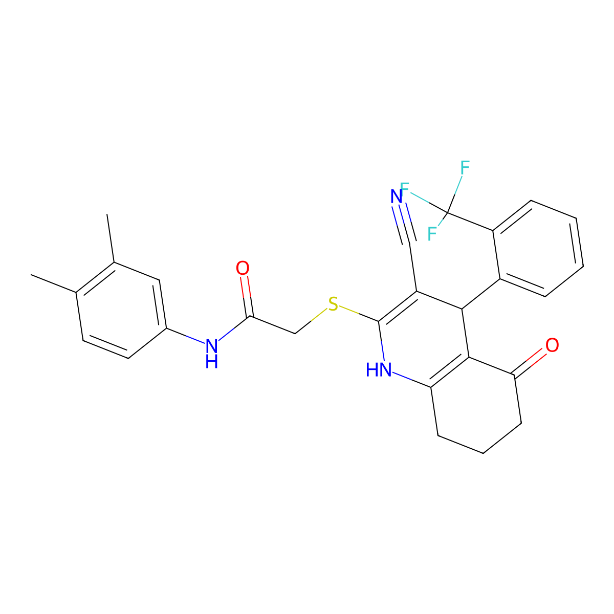 2-({3-cyano-5-oxo-4-[2-(trifluoromethyl)phenyl]-1,4,5,6,7,8-hexahydroquinolin-2-yl}sulfanyl)-N-(3,4-dimethylphenyl)acetamide molecular structure, CAS 370847-04-4