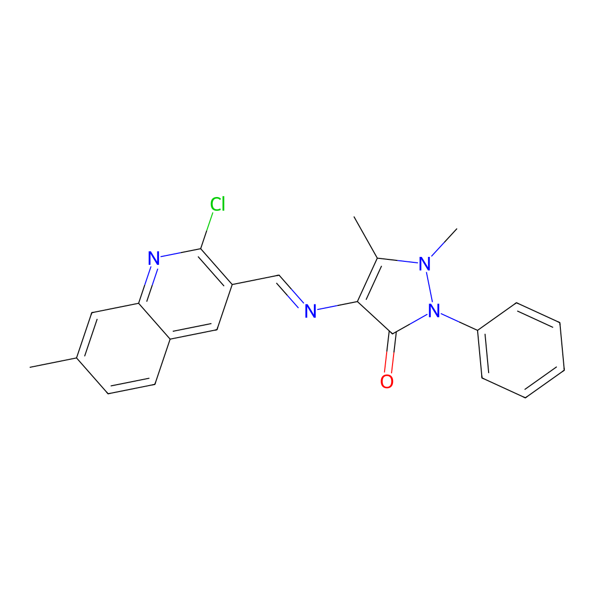 (E)-4-(((2-chloro-7-methylquinolin-3-yl)methylene)amino)-1,5-dimethyl-2-phenyl-1H-pyrazol-3(2H)-one molecular structure, CAS 370847-26-0