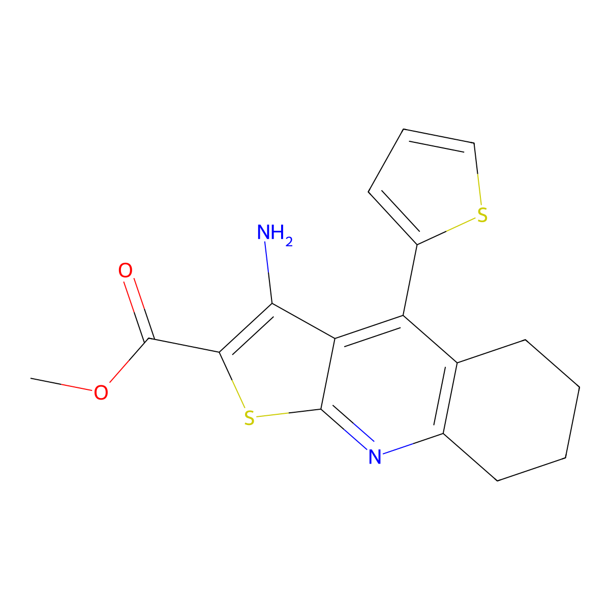 Methyl 3-amino-4-(thiophen-2-yl)-5,6,7,8-tetrahydrothieno[2,3-b]quinoline-2-carboxylate molecular structure, CAS 370847-40-8