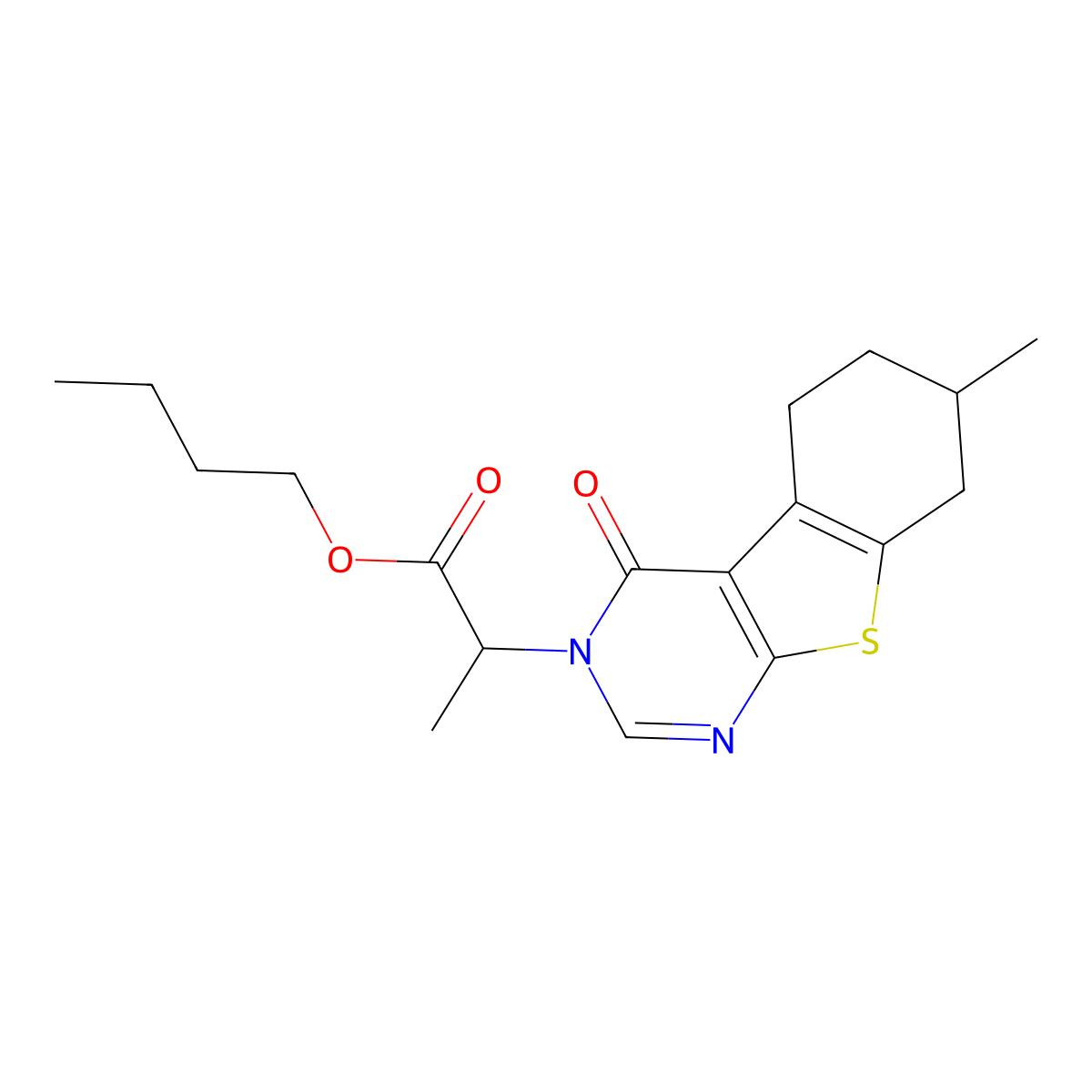 butyl 2-(7-methyl-4-oxo-5,6,7,8-tetrahydro[1]benzothieno[2,3-d]pyrimidin-3(4H)-yl)propanoate molecular structure, CAS 370847-62-4