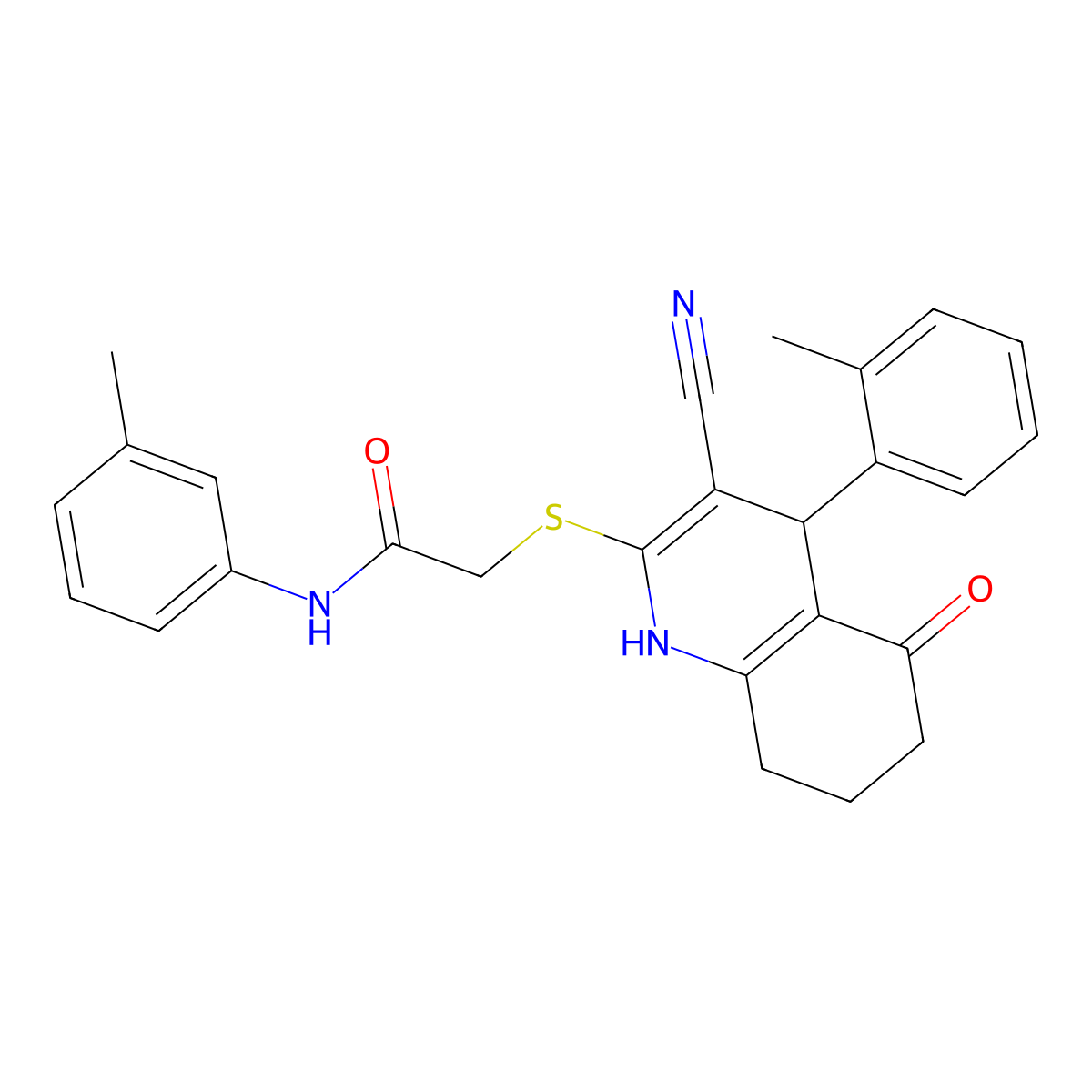 2-((3-cyano-5-oxo-4-(o-tolyl)-1,4,5,6,7,8-hexahydroquinolin-2-yl)thio)-N-(m-tolyl)acetamide molecular structure, CAS 370847-71-5