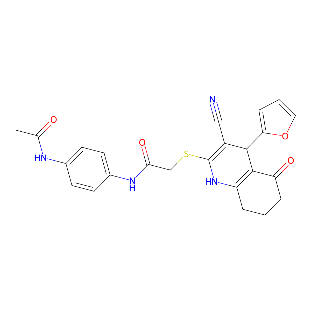 N-(4-acetamidophenyl)-2-[[3-cyano-4-(furan-2-yl)-5-oxo-4,6,7,8-tetrahydro-1H-quinolin-2-yl]sulfanyl]acetamide molecular structure, CAS 370847-90-8