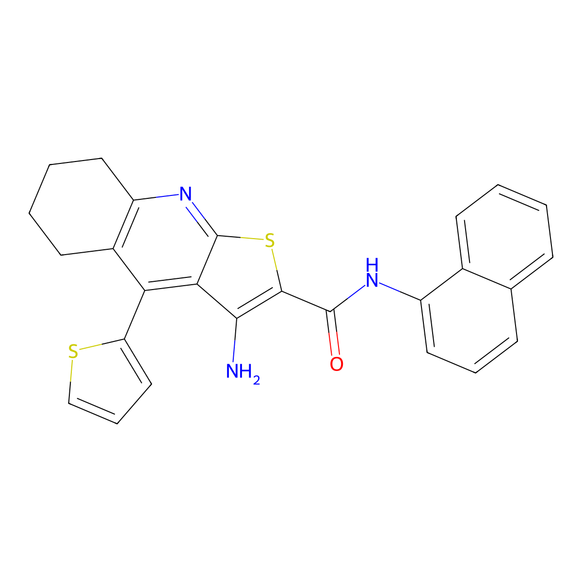 3-amino-N-(naphthalen-1-yl)-4-(thiophen-2-yl)-5,6,7,8-tetrahydrothieno[2,3-b]quinoline-2-carboxamide molecular structure, CAS 370848-40-1