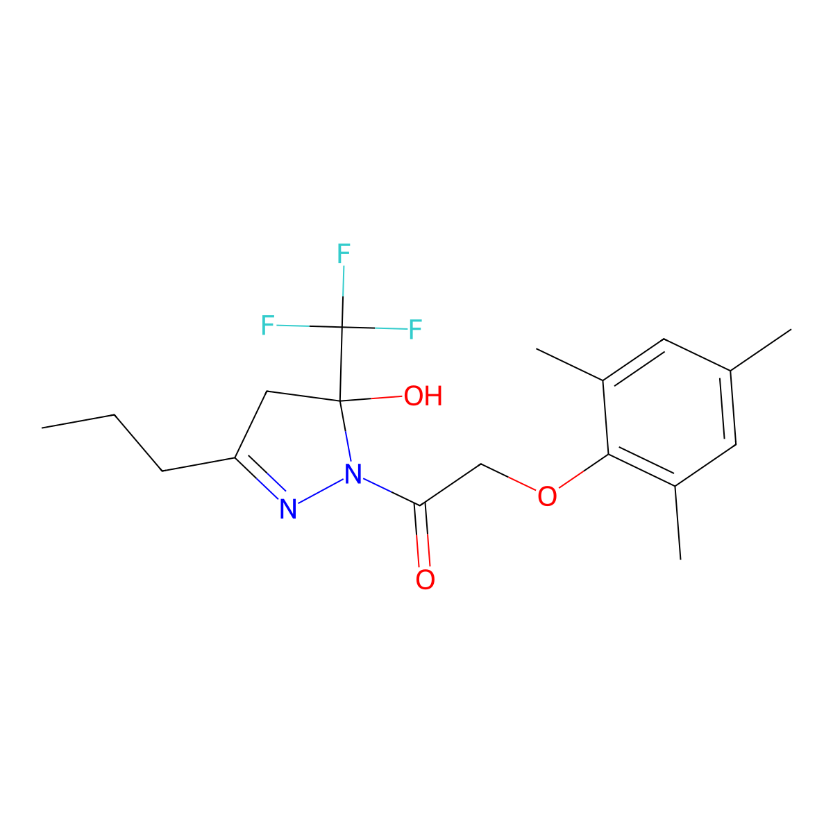 1-[5-hydroxy-3-propyl-5-(trifluoromethyl)-4,5-dihydro-1H-pyrazol-1-yl]-2-(2,4,6-trimethylphenoxy)ethanone molecular structure, CAS 370848-47-8