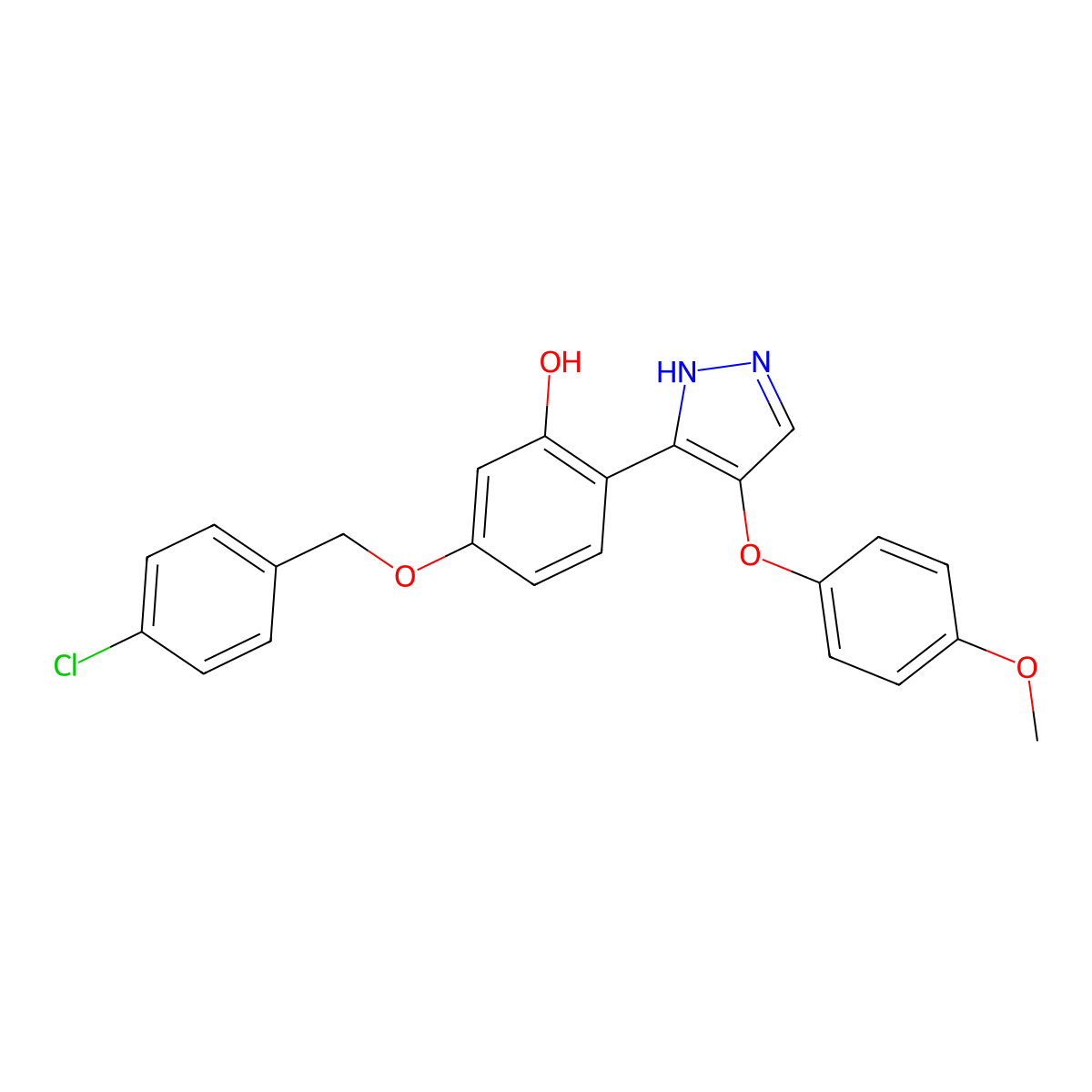 5-((4-chlorobenzyl)oxy)-2-(4-(4-methoxyphenoxy)-1H-pyrazol-3-yl)phenol molecular structure, CAS 370848-81-0