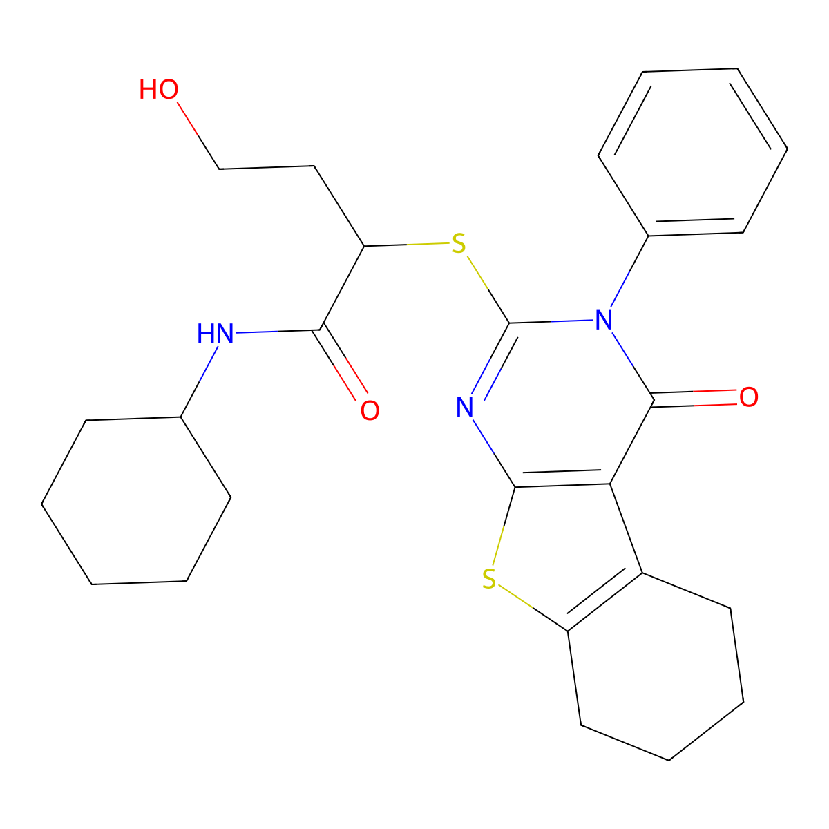 N-cyclohexyl-4-hydroxy-2-(4-oxo-3-phenyl(3,5,6,7,8-pentahydrobenzo[b]thiopheno [2,3-d]pyrimidin-2-ylthio))butanamide molecular structure, CAS 370849-87-9