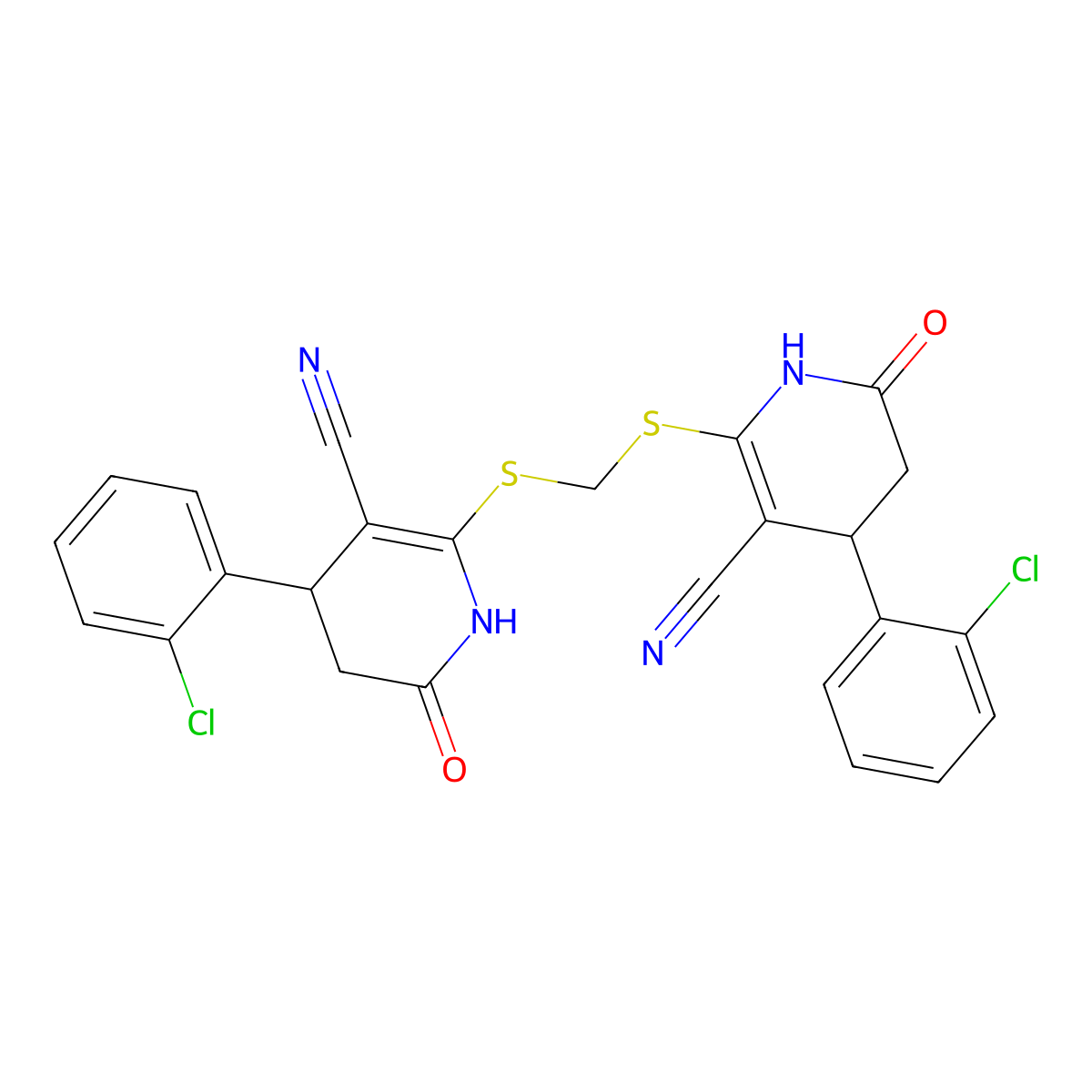 2,2'-(Methylenebis(sulfanediyl))bis(4-(2-chlorophenyl)-6-oxo-1,4,5,6-tetrahydropyridine-3-carbonitrile) molecular structure, CAS 370850-33-2