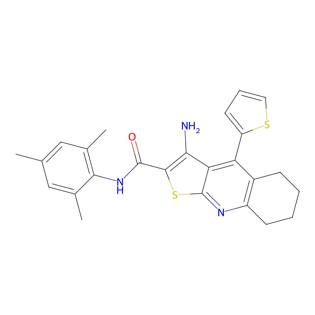 3-amino-N-mesityl-4-(thiophen-2-yl)-5,6,7,8-tetrahydrothieno[2,3-b]quinoline-2-carboxamide molecular structure, CAS 370850-44-5