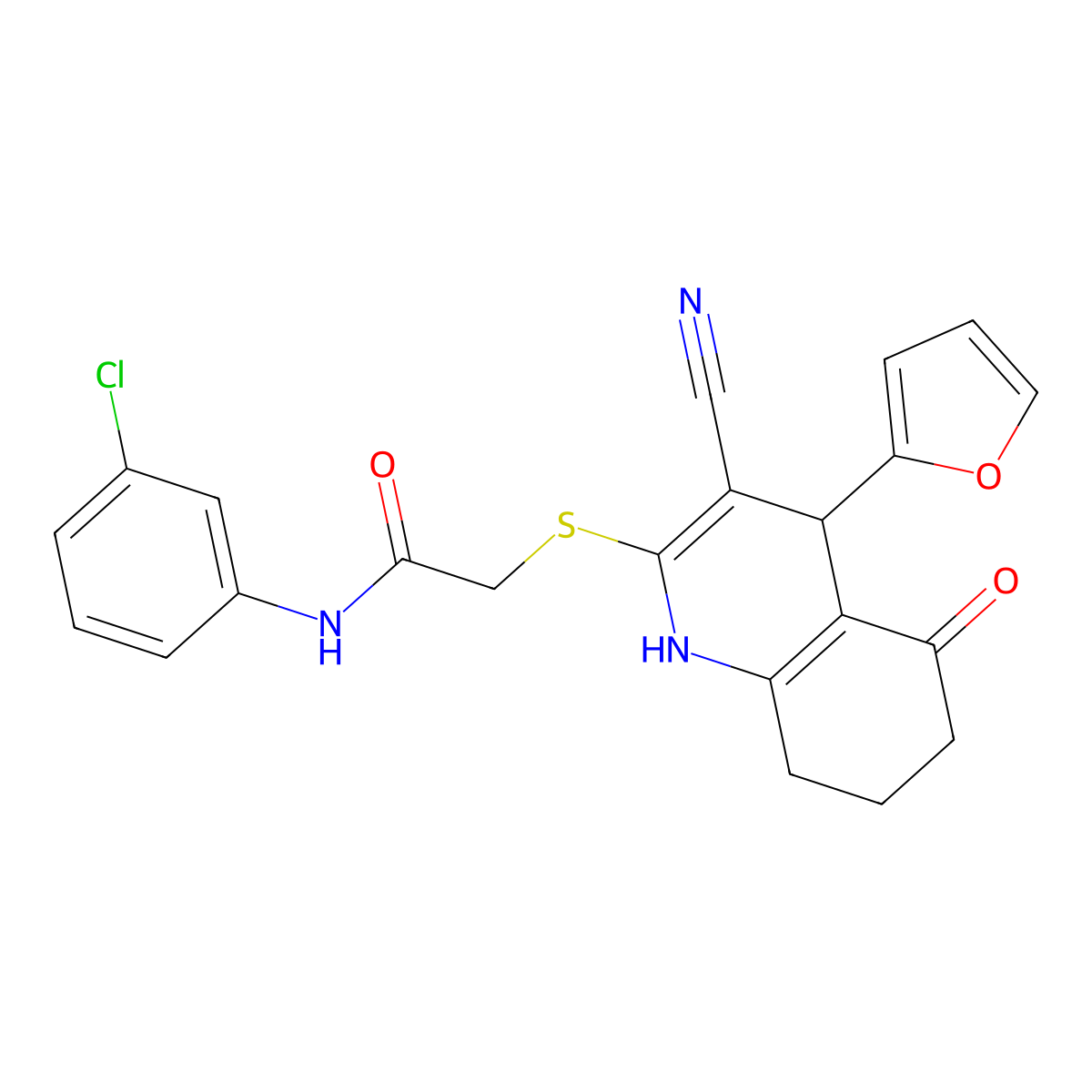 N-(3-chlorophenyl)-2-{[3-cyano-4-(furan-2-yl)-5-oxo-1,4,5,6,7,8-hexahydroquinolin-2-yl]sulfanyl}acetamide molecular structure, CAS 370850-50-3
