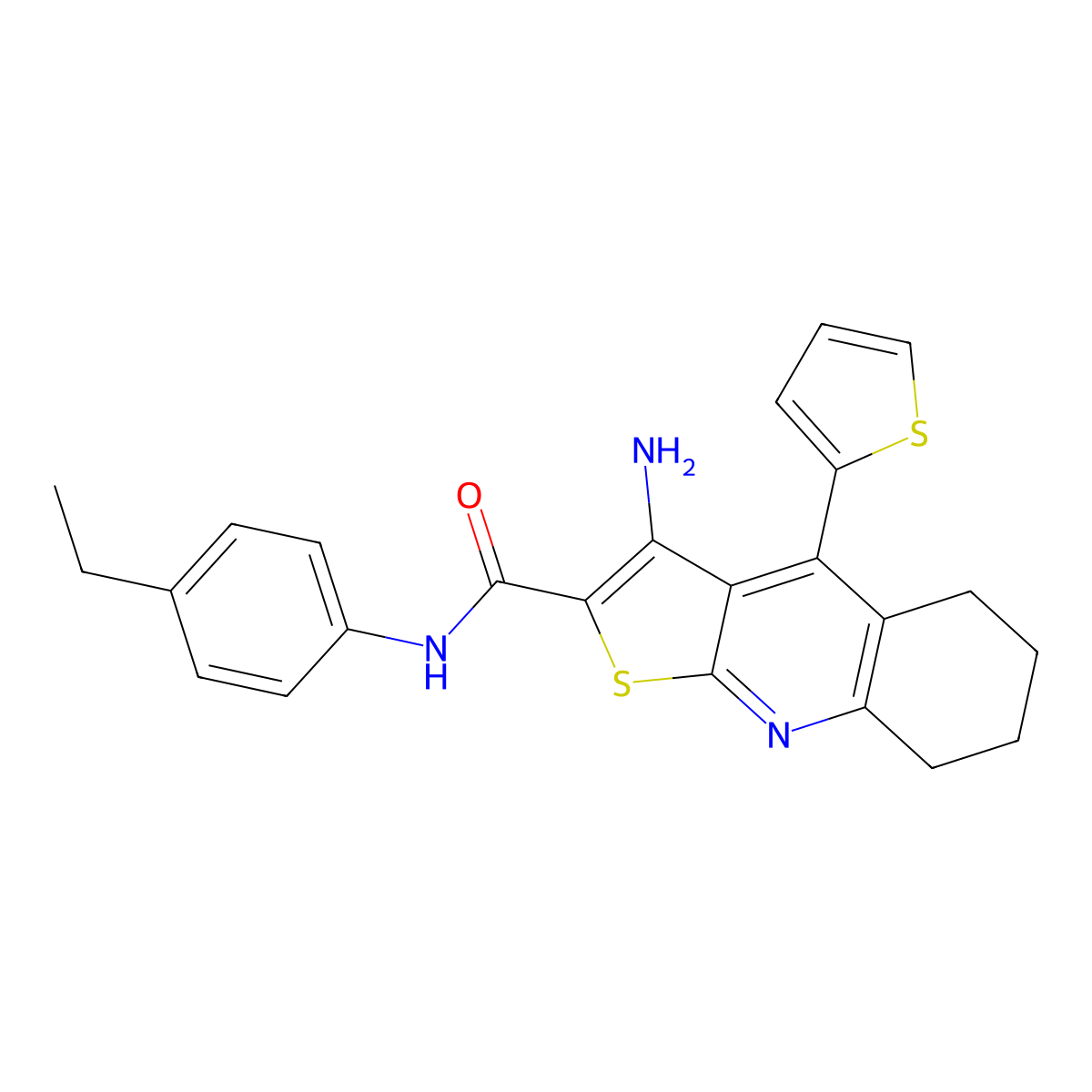 3-amino-N-(4-ethylphenyl)-4-(thiophen-2-yl)-5,6,7,8-tetrahydrothieno[2,3-b]quinoline-2-carboxamide molecular structure, CAS 370850-55-8
