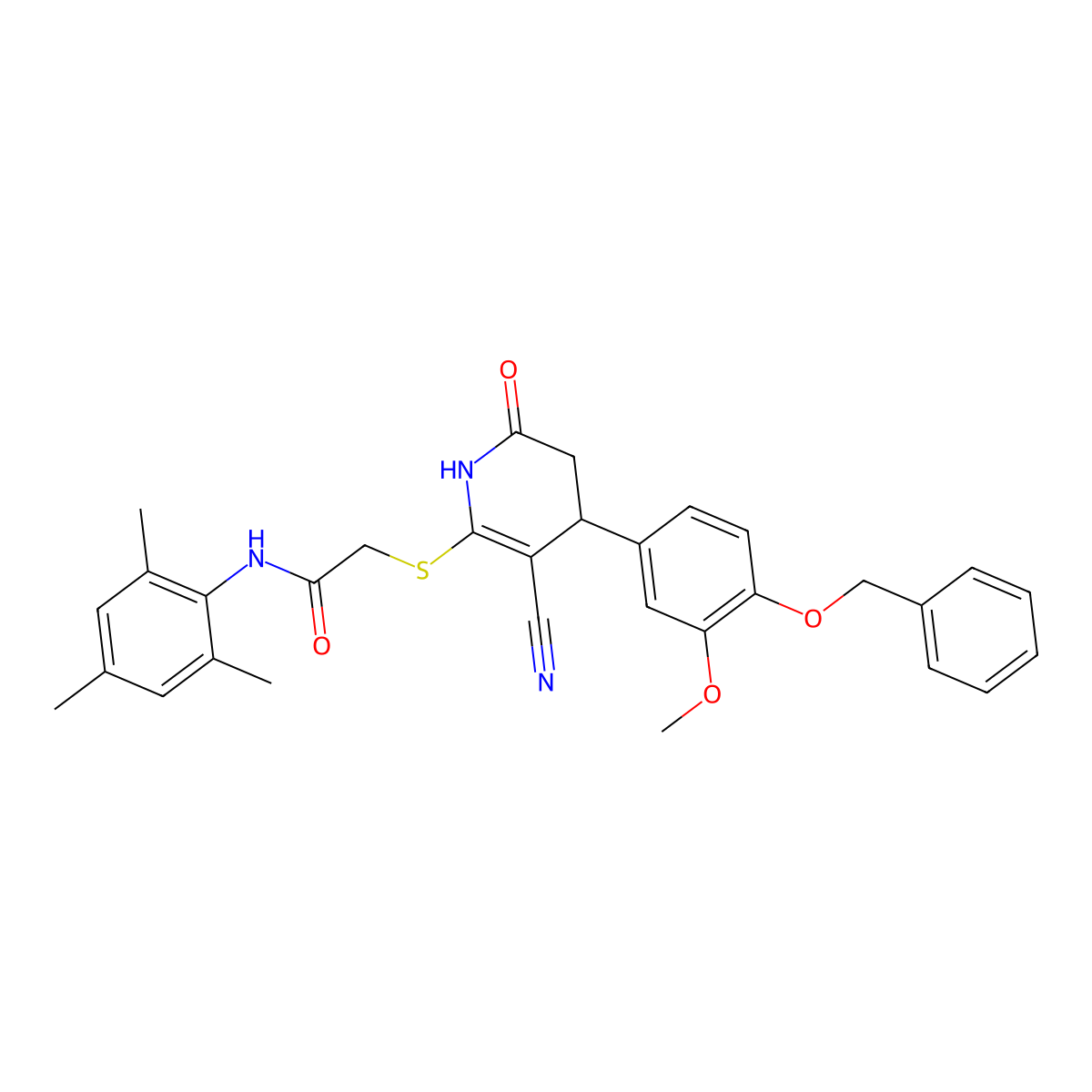 2-[[5-cyano-4-(3-methoxy-4-phenylmethoxyphenyl)-2-oxo-3,4-dihydro-1H-pyridin-6-yl]sulfanyl]-N-(2,4,6-trimethylphenyl)acetamide molecular structure, CAS 370850-84-3